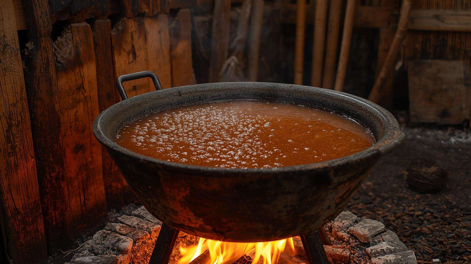 Close-up of organic brown sugar processing, showing sugarcane juice boiling into molasses-rich crystals in a rustic mill.