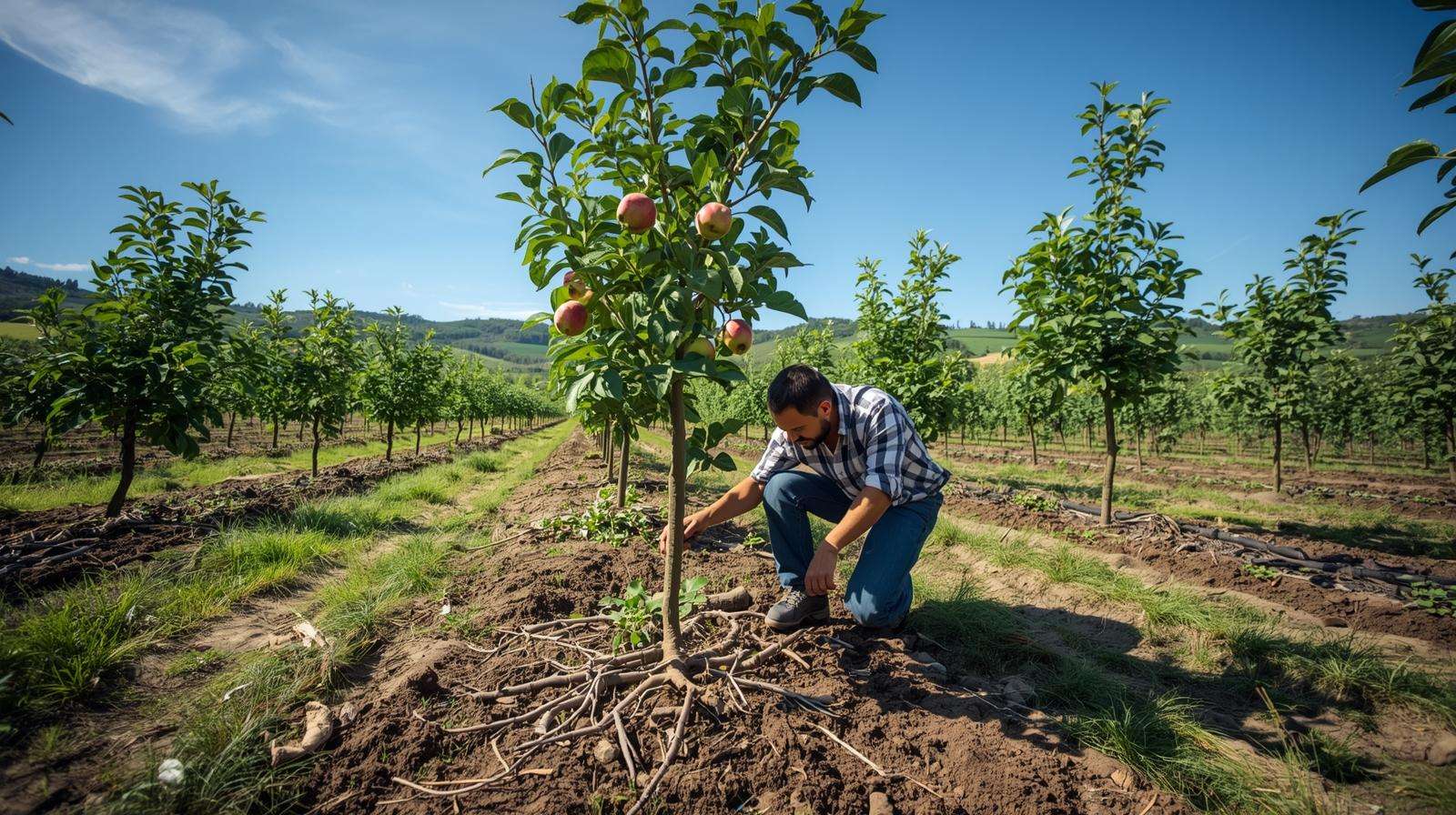 Farmer selecting bare root fruit trees in a nursery, showcasing variety choice for orchards.