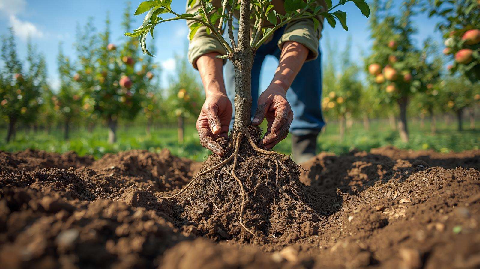 Farmer planting bare root fruit trees in an orchard, demonstrating proper planting techniques.