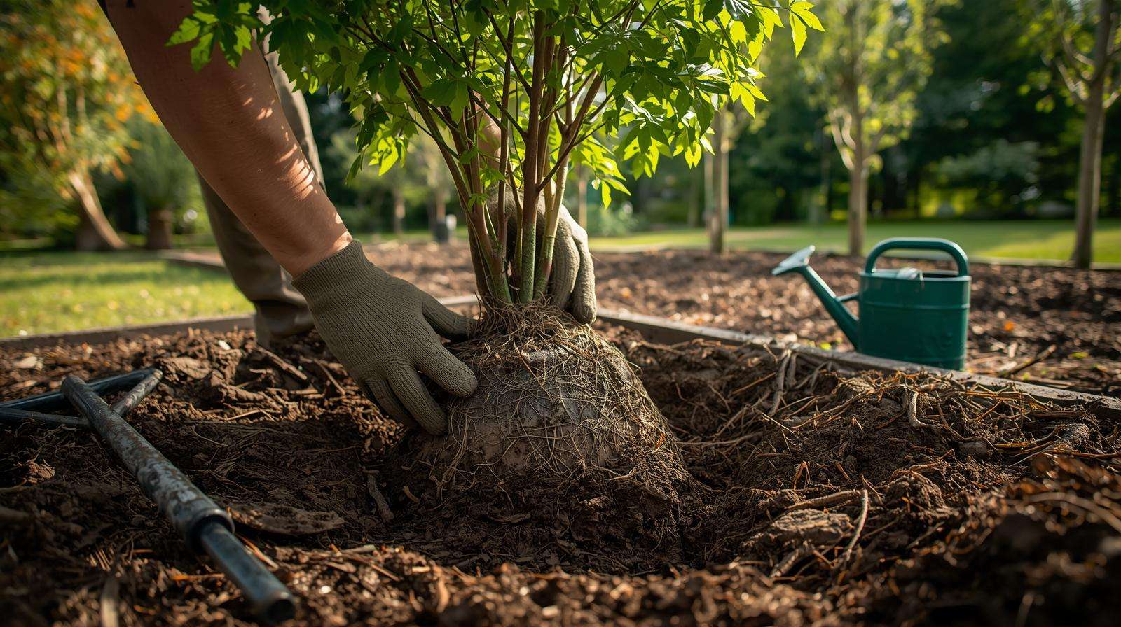 Gardener planting a young maple among outdoor trees with mulch and tools.