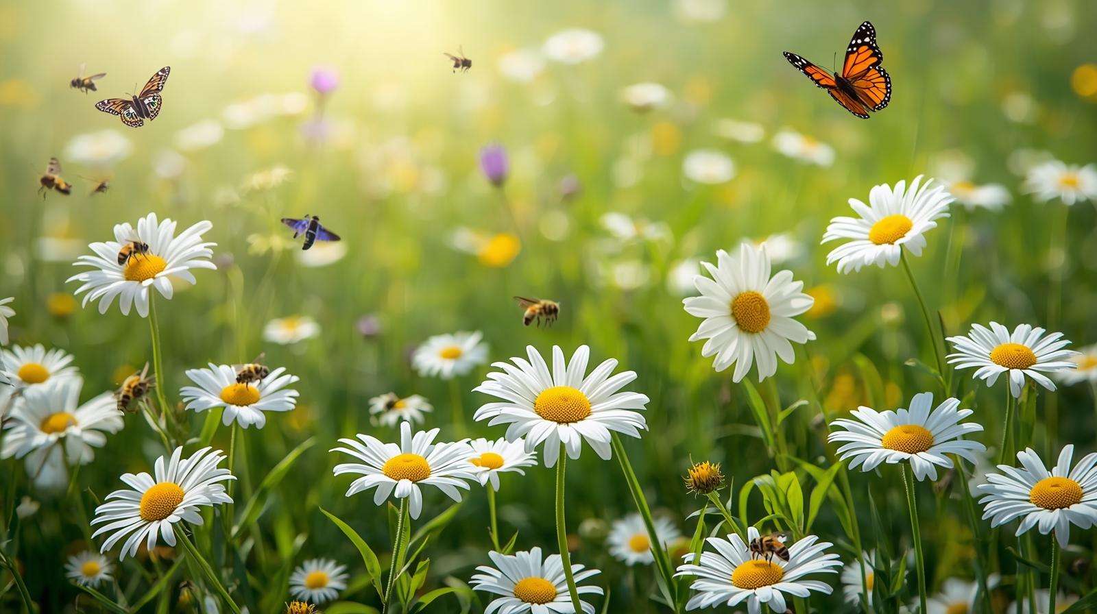 Bright shasta daisies in bloom attracting bees and butterflies in a lush garden under morning sunlight, showcasing pollinator-friendly plants.