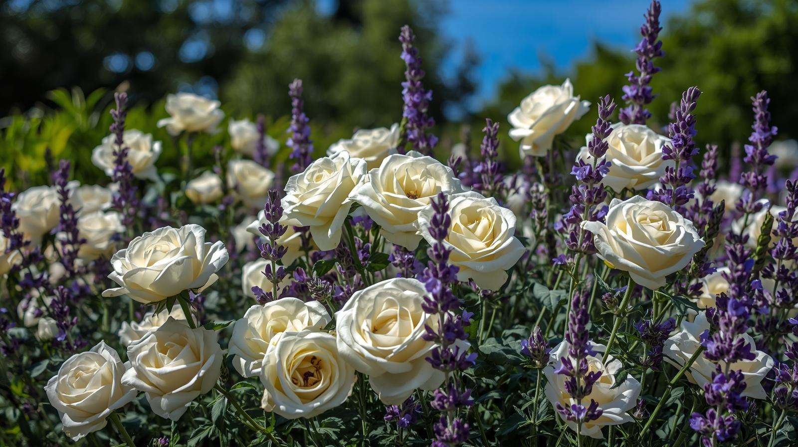 Vibrant garden bed with white roses and purple lavender in bloom, set against lush green foliage under a clear blue sky, showcasing elegant color contrast.