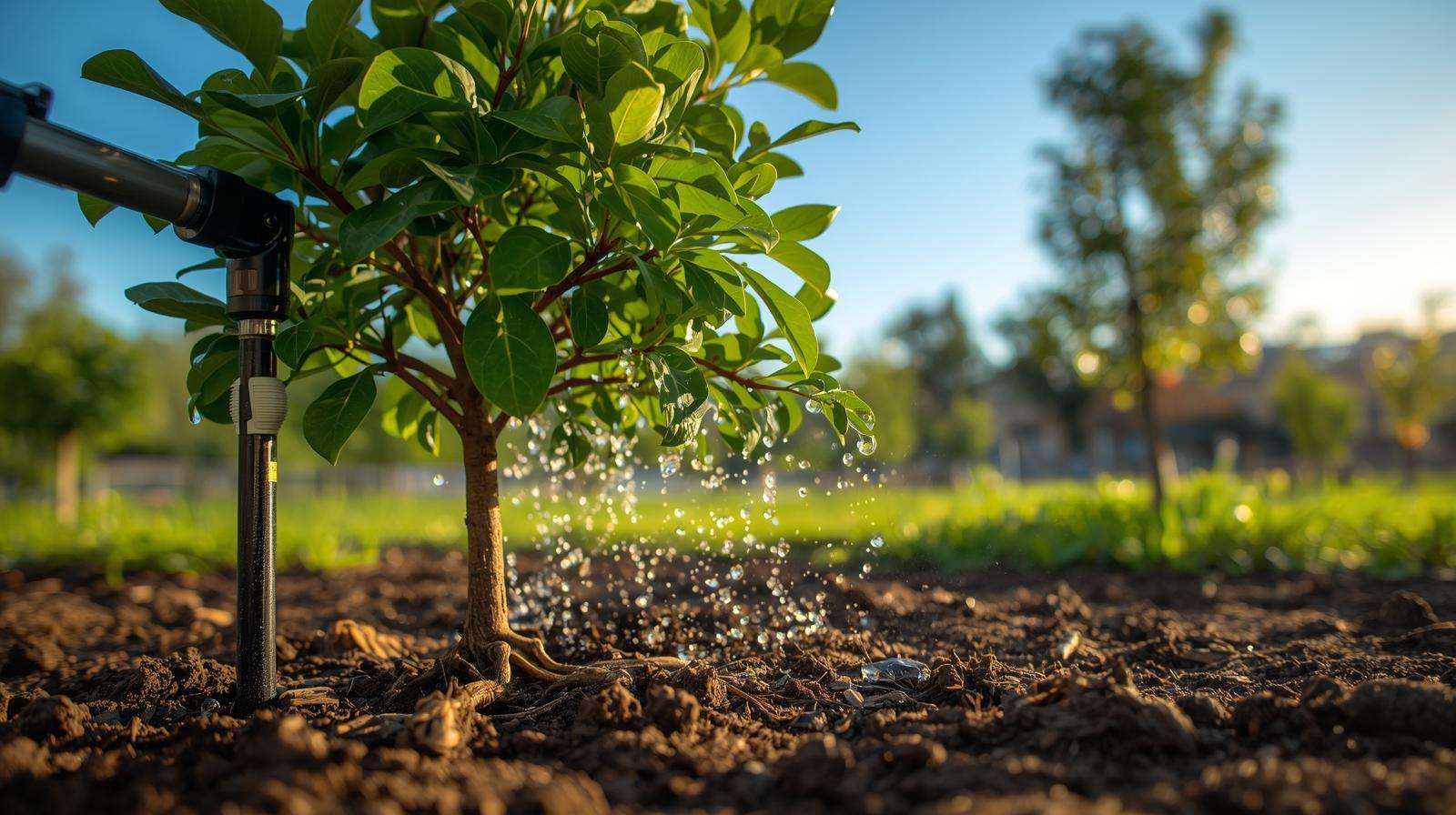 Drip irrigation watering a young outdoor tree in a mulched garden bed.