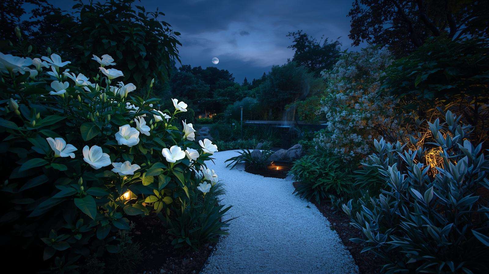 Serene moon garden at dusk with glowing white moonflowers and gardenias, reflective water feature, and white gravel pathway, surrounded by lush greenery and silver foliage.