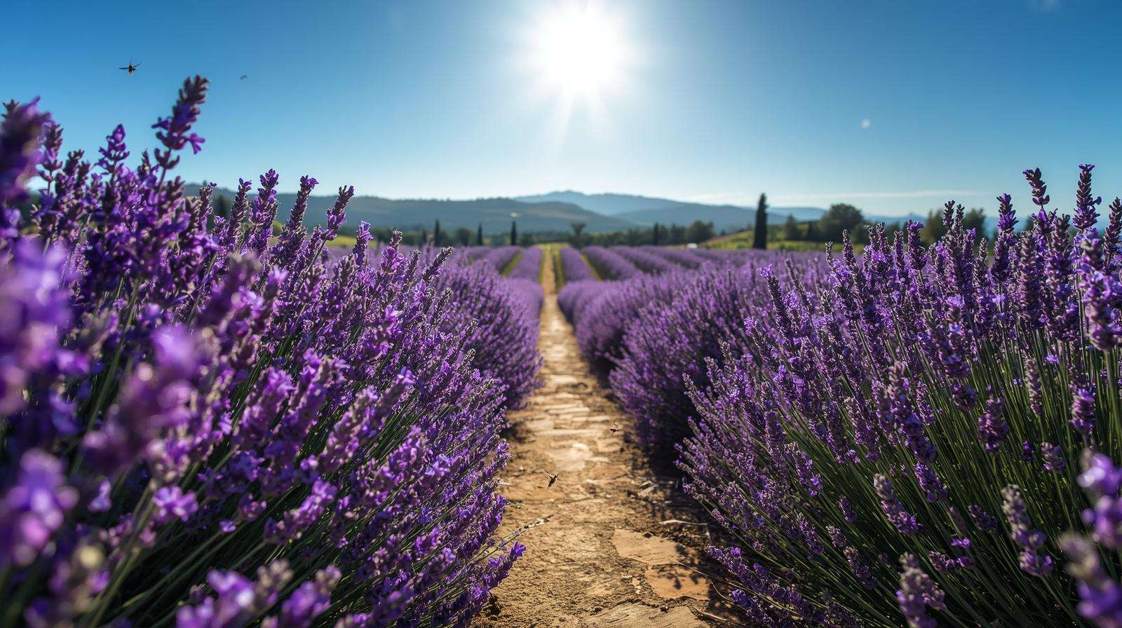 Vibrant purple Italian lavender blooms in a sunlit Tuscan garden with a stone pathway and rolling hills, capturing Mediterranean charm.