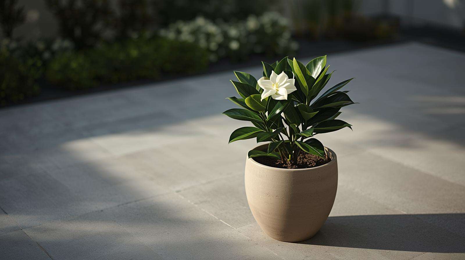 Elegant potted gardenia with creamy white blooms and glossy green leaves on a minimalist patio, showcasing a modern garden focal point.