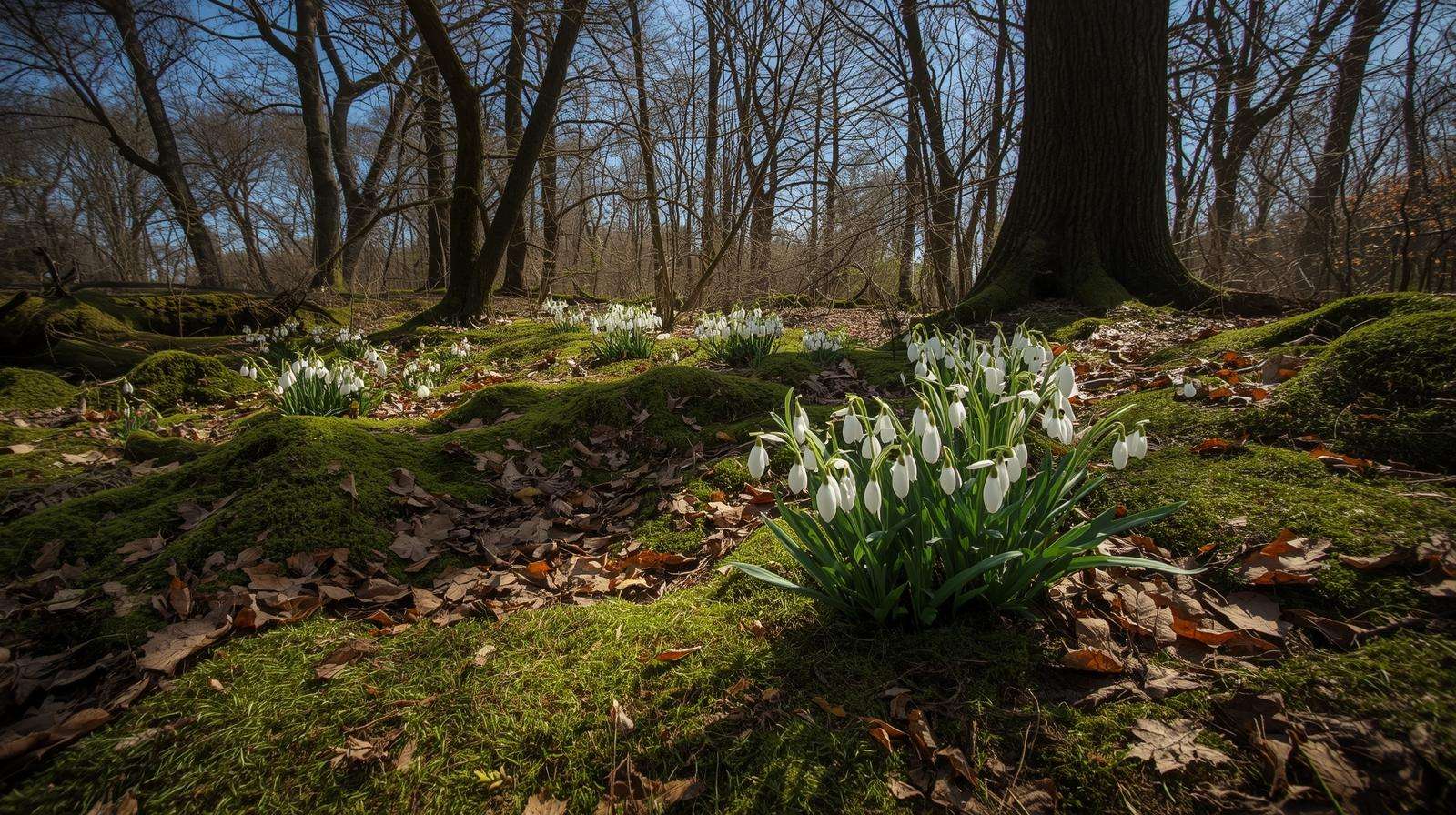 Delicate white snowdrop flowers blooming under oak trees in a serene woodland garden, surrounded by moss and dappled sunlight.