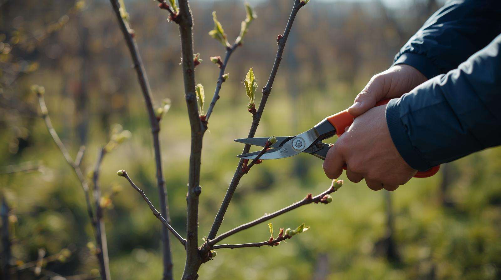 Gardener pruning a young apple tree among outdoor trees in an orchard.