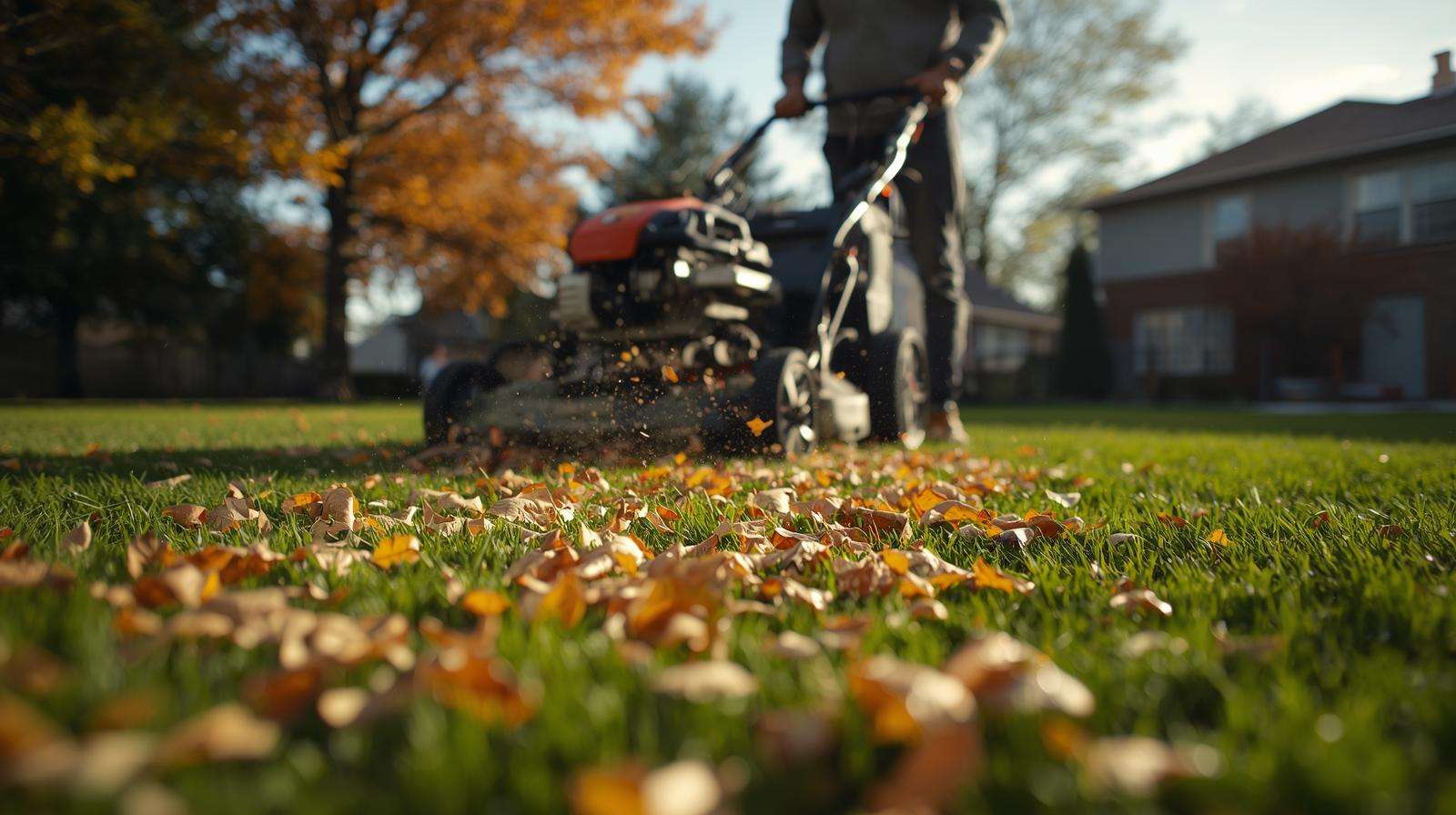 Gardener mulching fall leaves on a lush lawn with a mower, reducing the need for lawn leaf bags in autumn.