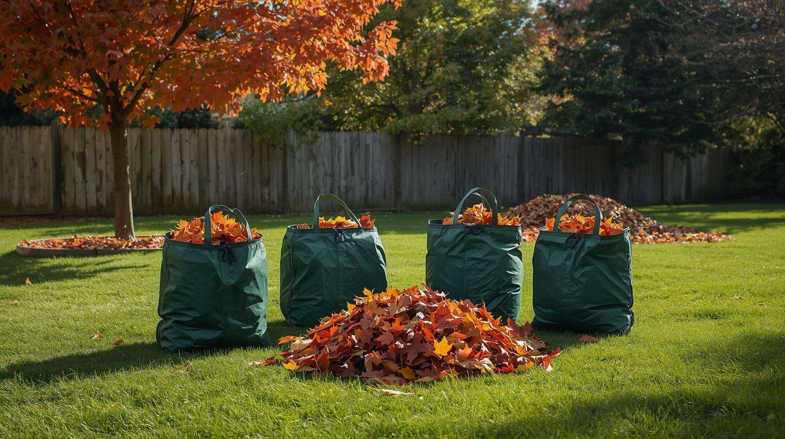 Reusable fabric lawn leaf bags filled with autumn leaves in a sunny suburban garden, showcasing durability.