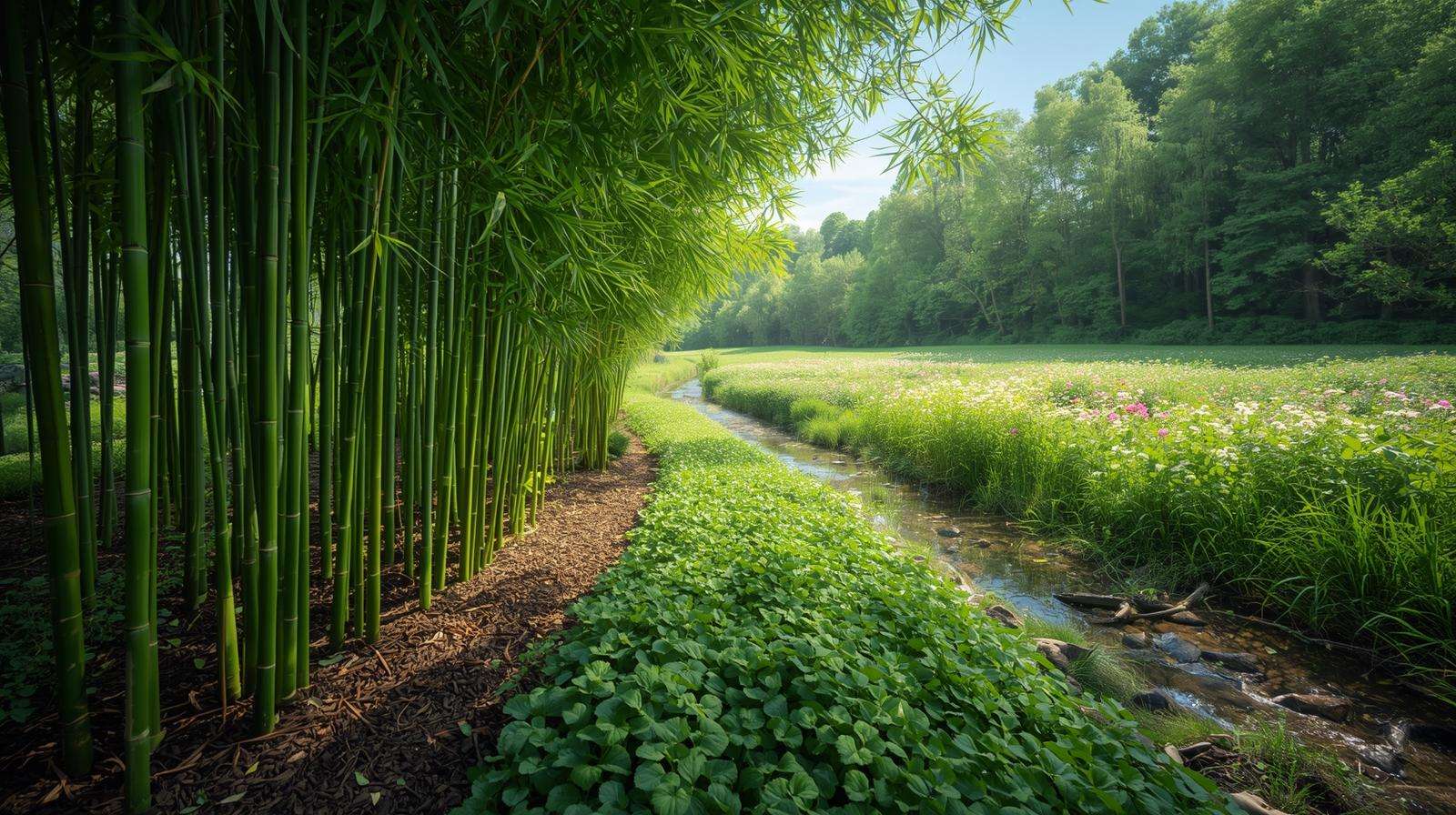 Sustainable bamboo garden with mulch and wildflower buffer zone, using eco-friendly bamboo fertilizer practices.
