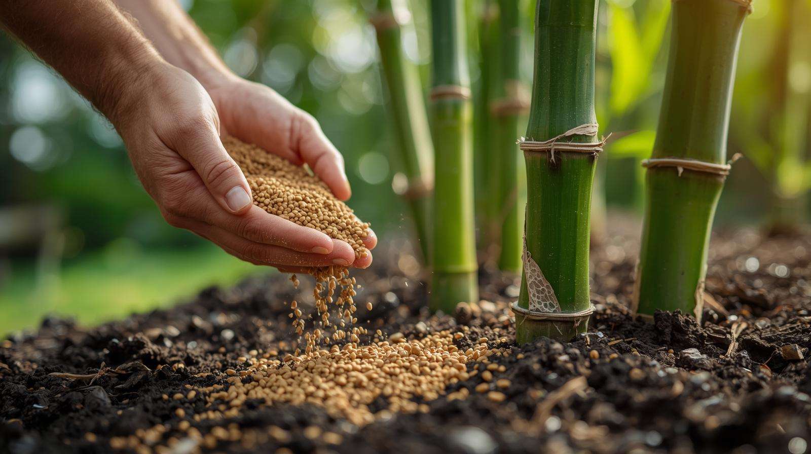 Gardener applying granular bamboo fertilizer to soil around young bamboo plants in a sunny garden.