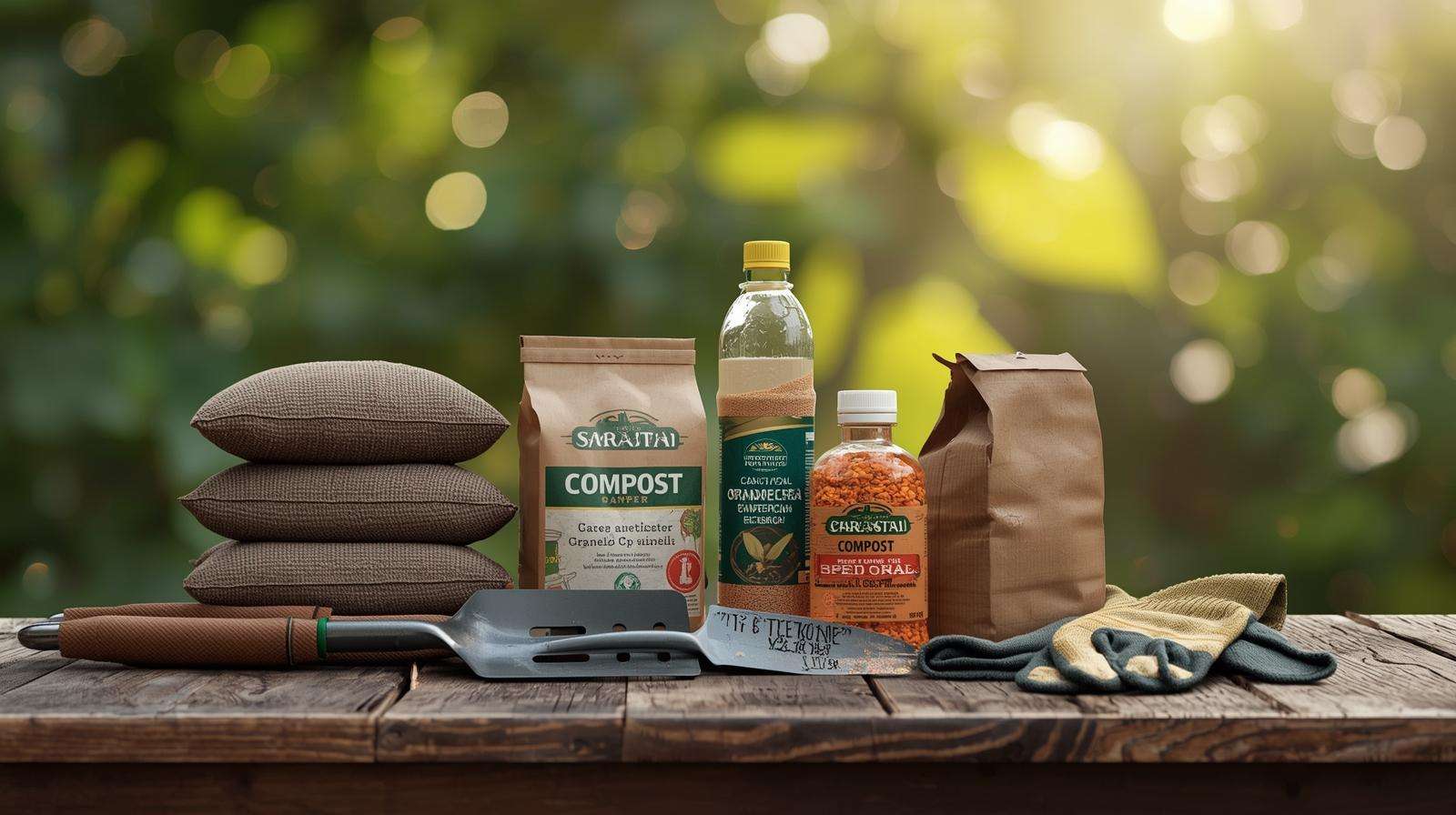 Organic and synthetic summer fertilizers on a garden table, showcasing compost, granular, and liquid options.