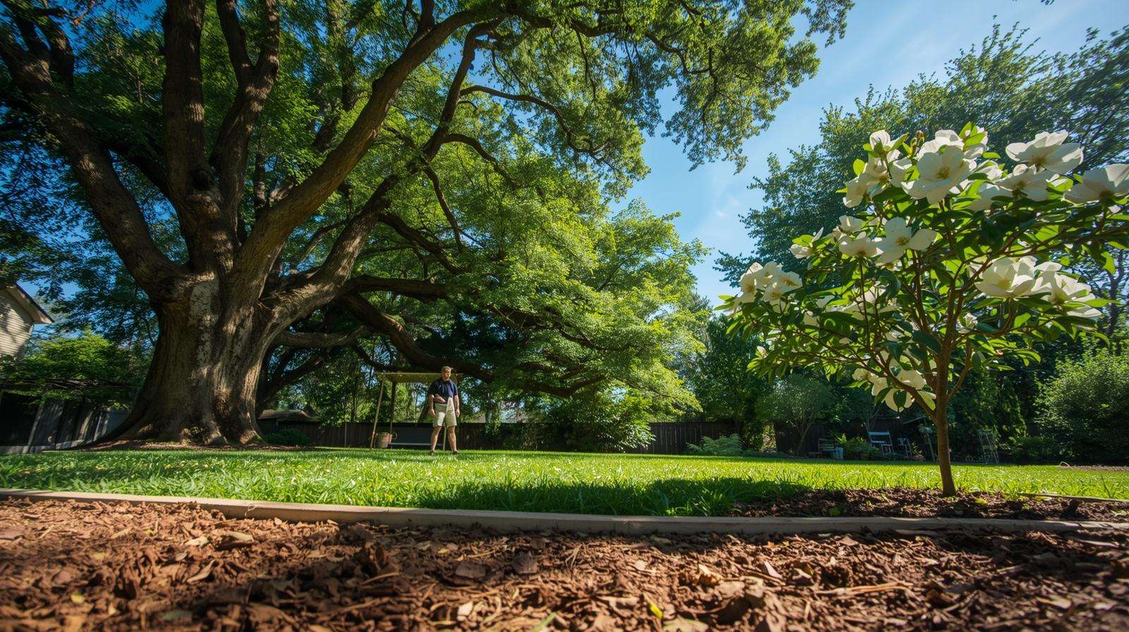 Gardener testing soil near healthy outdoor trees in a lush backyard landscape.