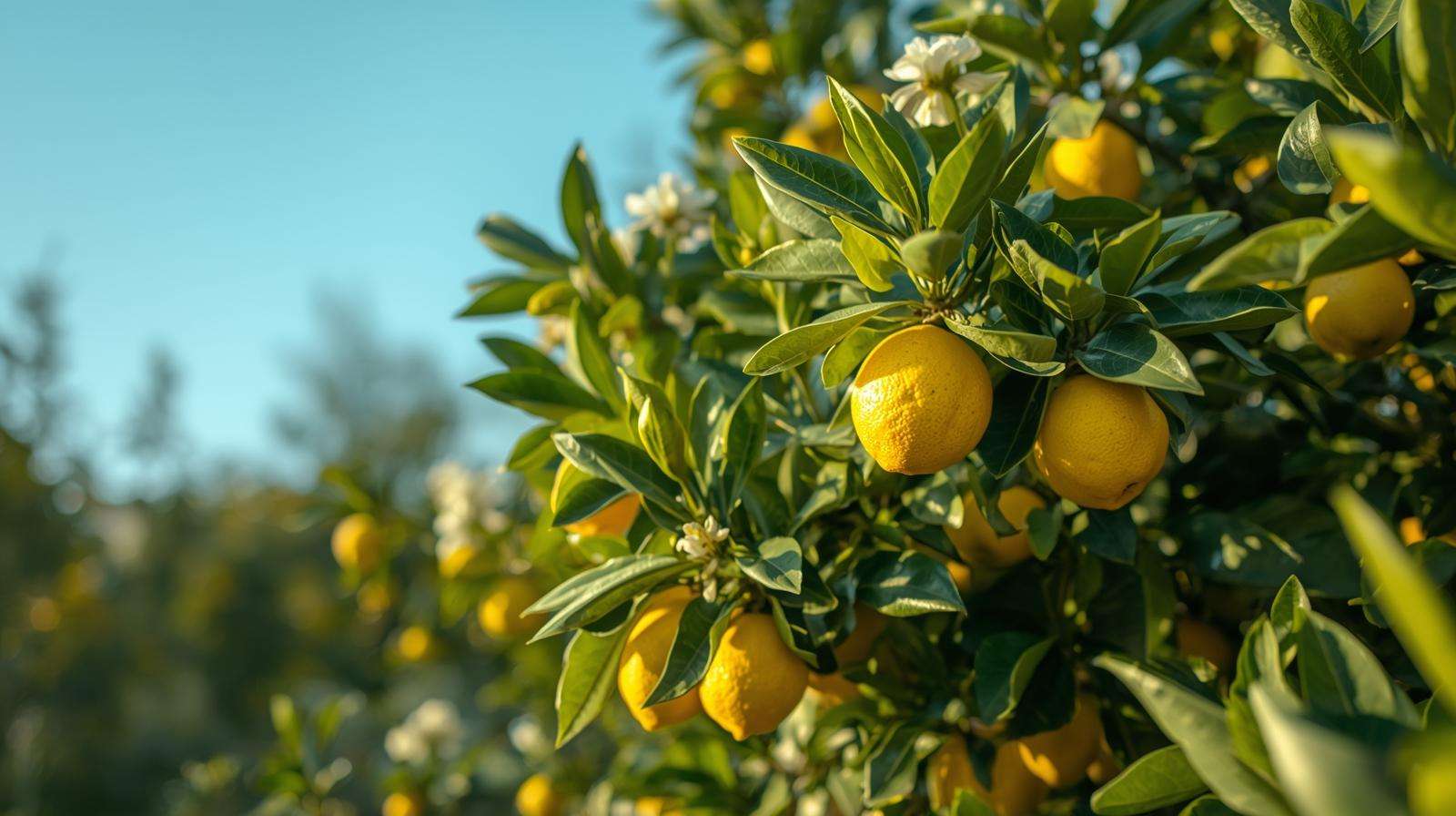 Healthy lemon tree with ripe lemons and blossoms thriving as long as the lemon trees grow.