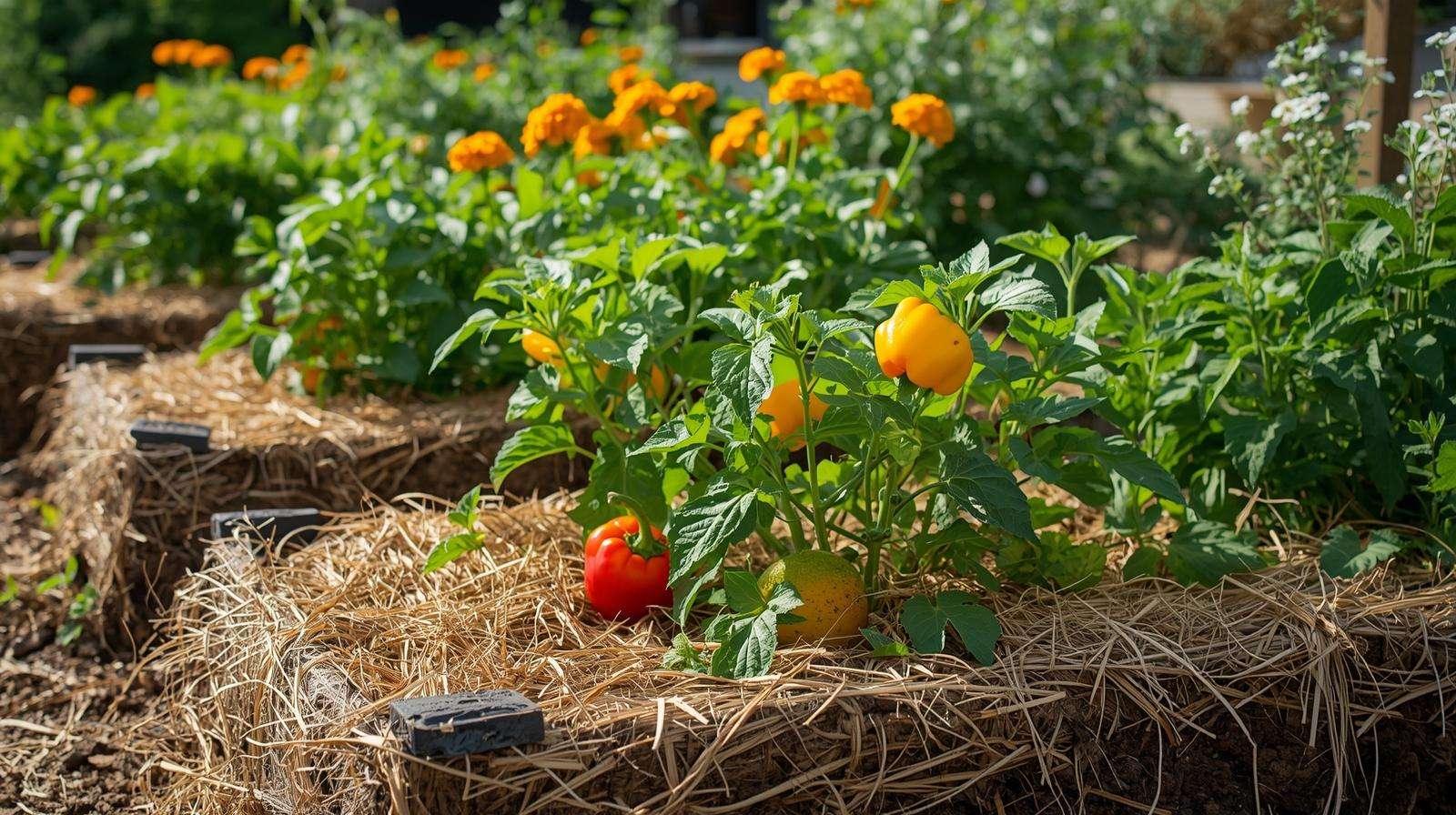 Sustainable summer garden with mulched vegetable beds and companion plants for optimal fertilization.