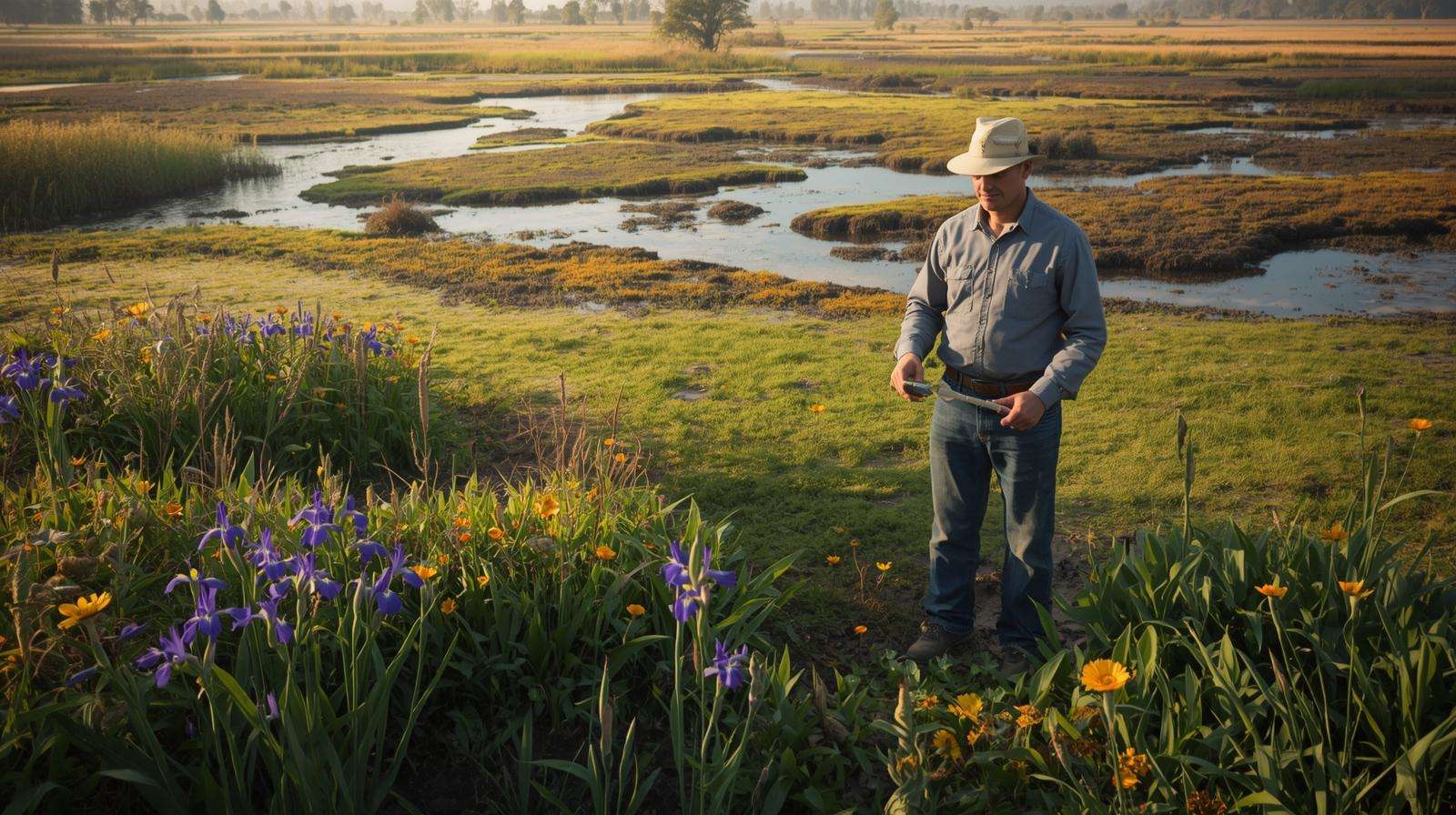 Farmer with soil test kit selecting plants in a wetland like iris and marigold for optimal farm growth.