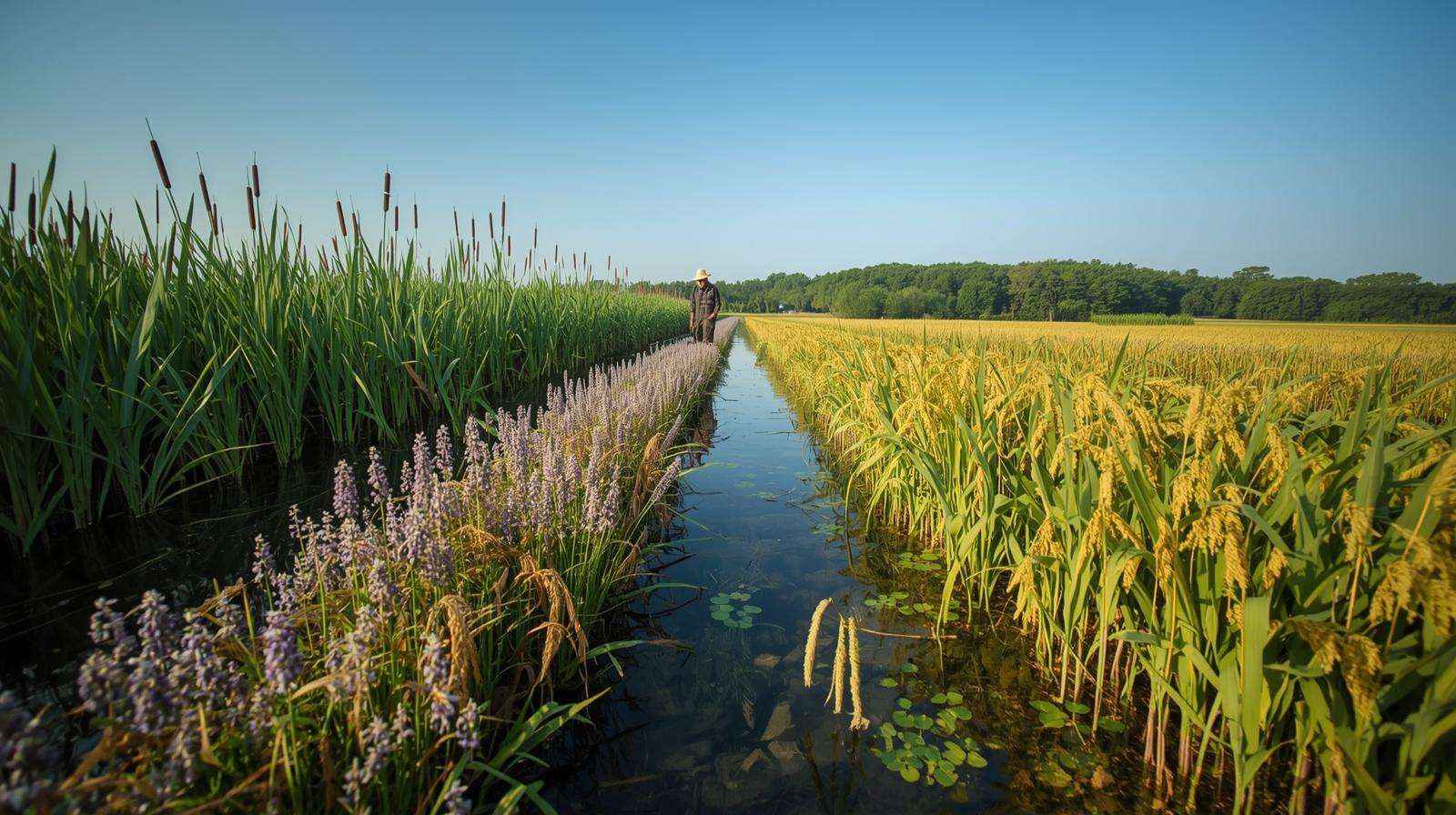 Farmer inspecting diverse plants in a wetland like cattails and wild rice in a thriving wetland farm.