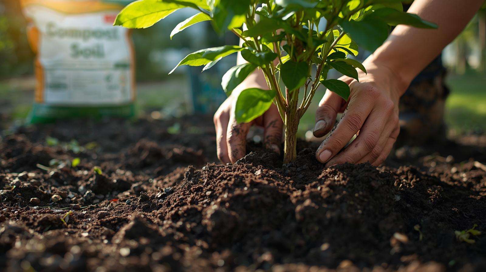 Gardener adding compost to soil near healthy outdoor trees for growth.