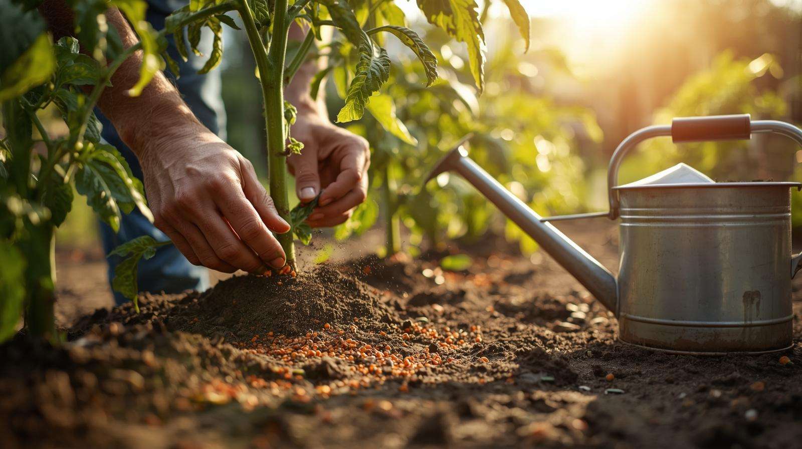 Gardener applying granular summer fertilizer to tomato plants using side-dressing technique.