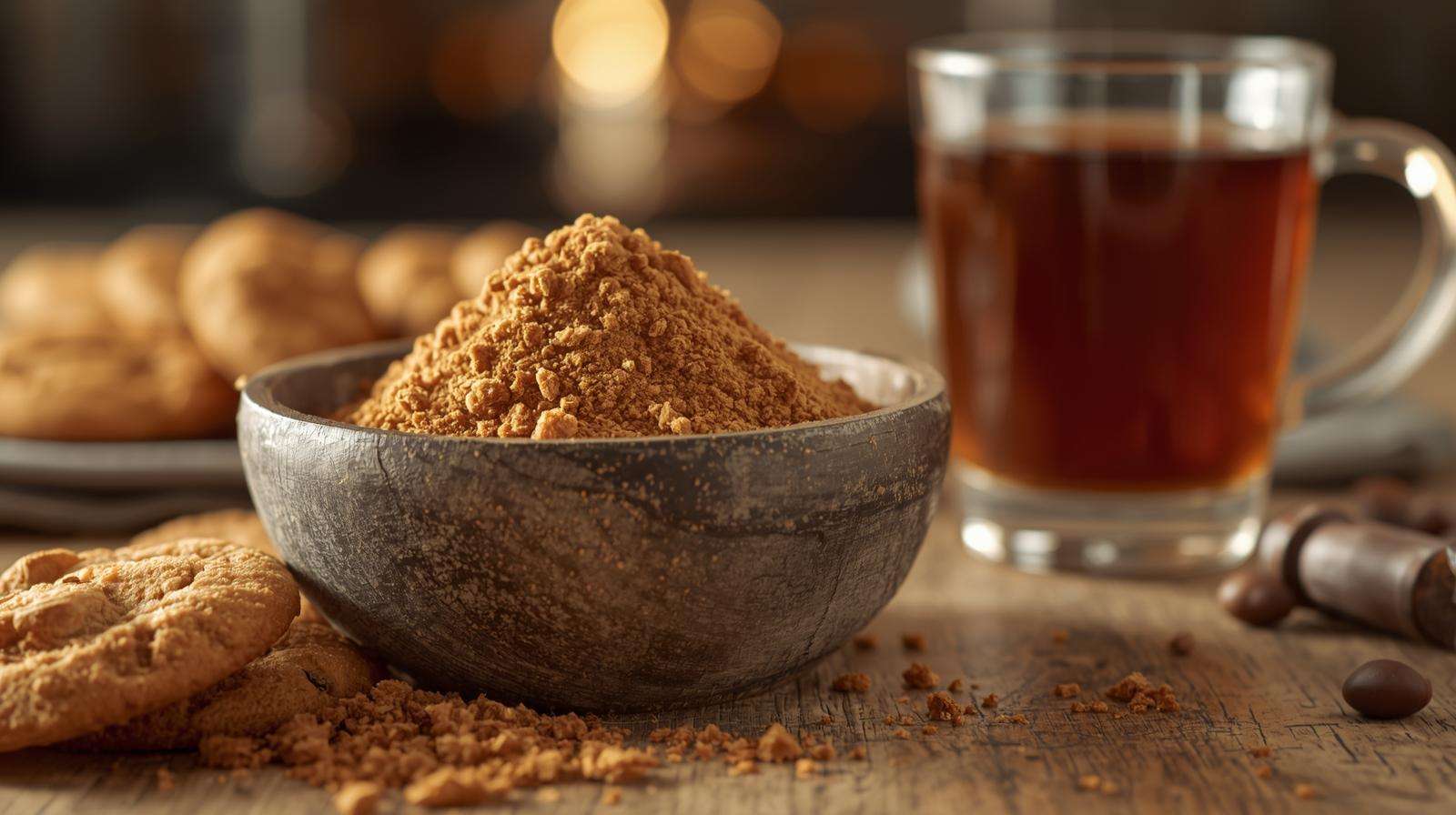 Organic brown sugar in a wooden bowl beside cookies and coffee, highlighting its rich flavor for culinary use.