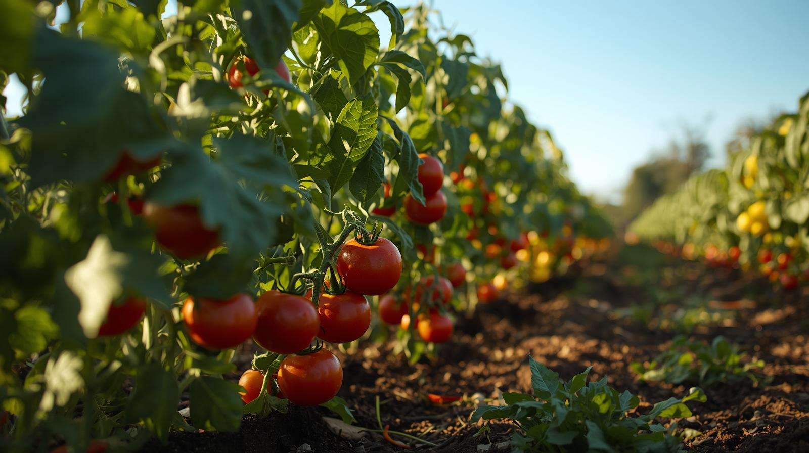 Vibrant summer vegetable garden with healthy tomatoes and greens thriving due to summer fertilizer.