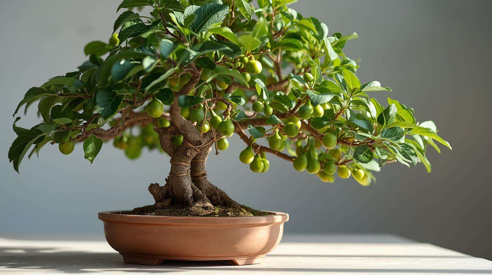 Fig bonsai fruit tree with copper wire shaping branches in an informal upright style for aesthetic appeal.