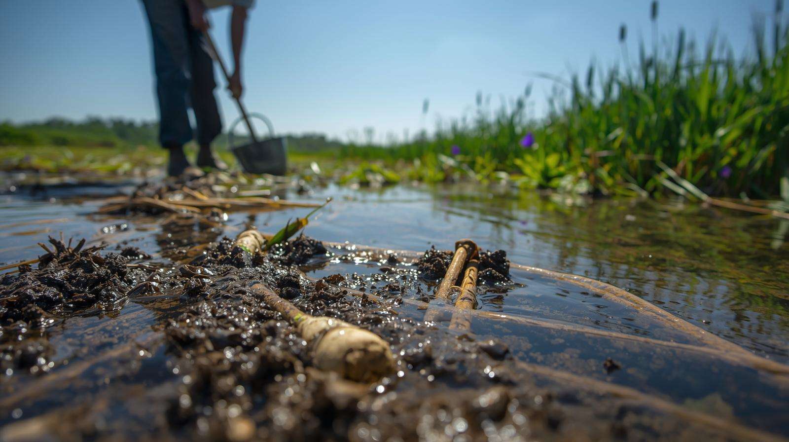Farmer planting cattail rhizomes among plants in a wetland, showcasing sustainable cultivation techniques.