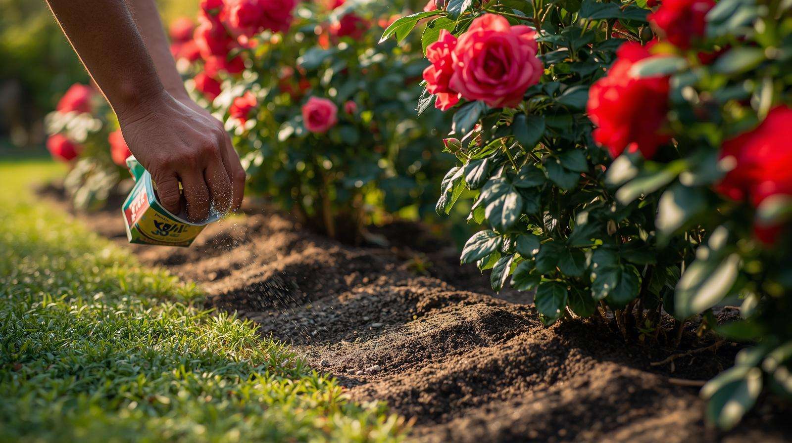 Side-dressing 16-16-16 fertilizer around rose bushes for optimal plant health.