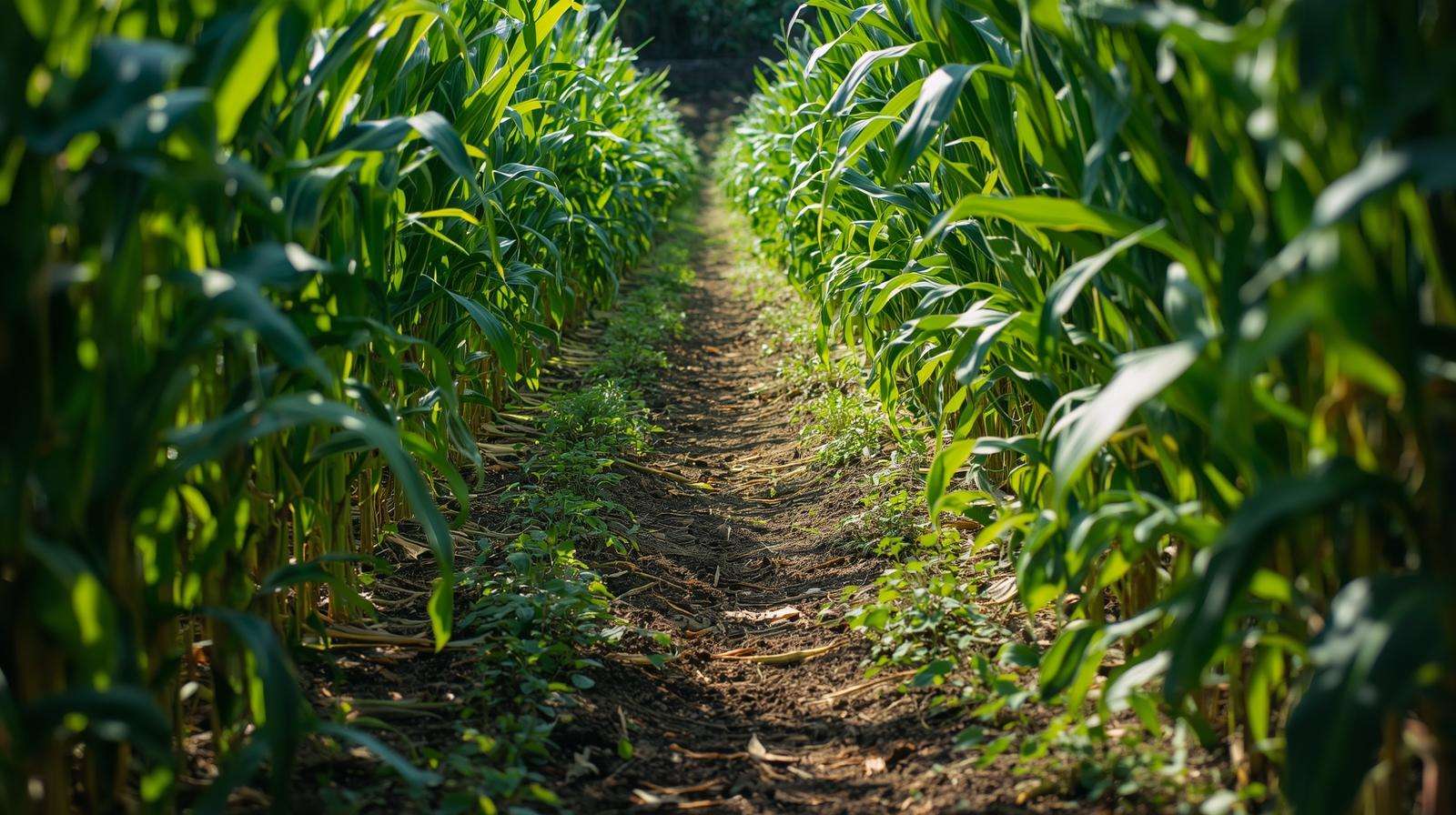 Corn and bean plants thriving with 16-16-16 fertilizer in a vibrant garden.