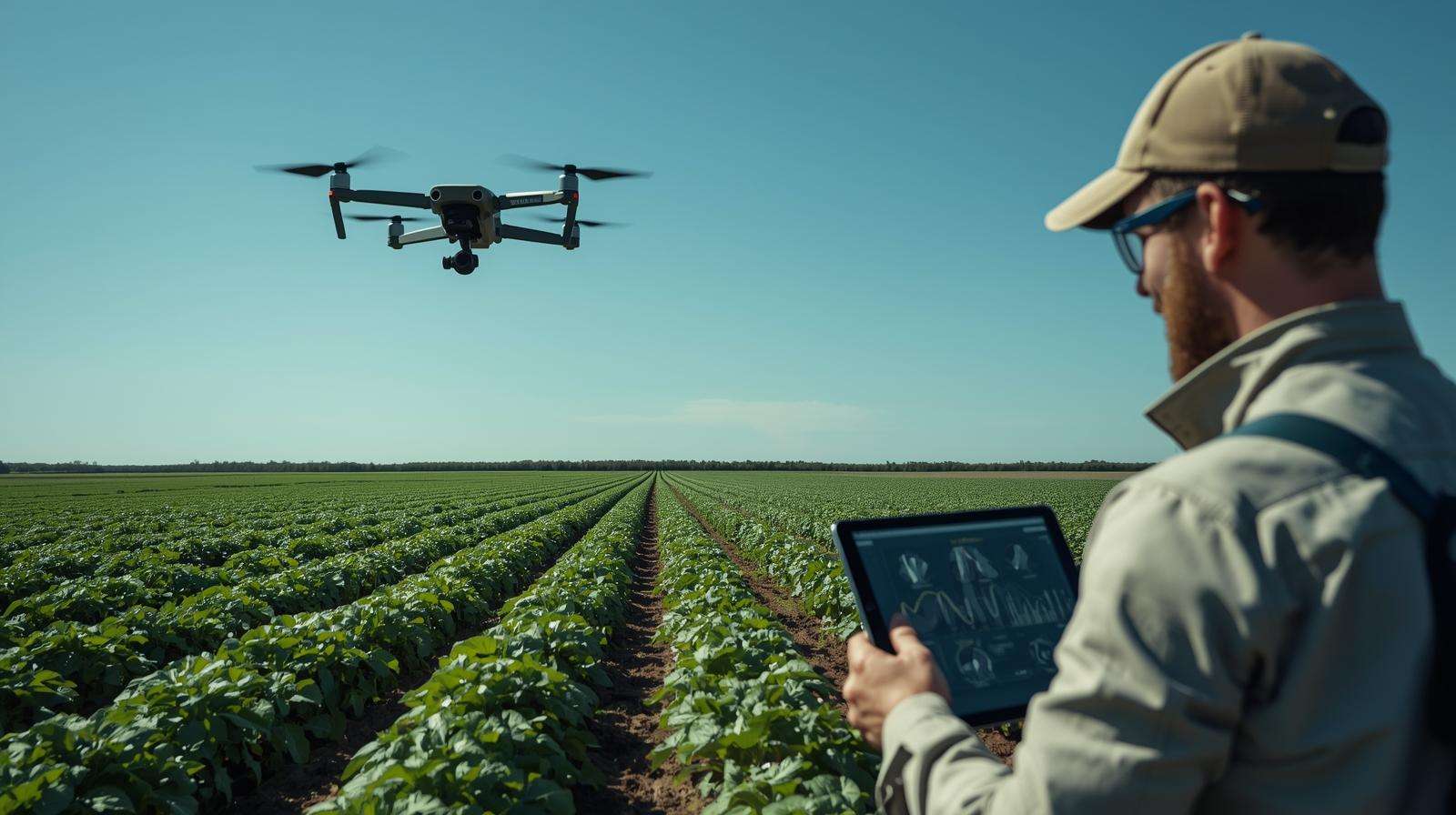 Drone and tablet used for precision potato fertilizer application in a potato field.