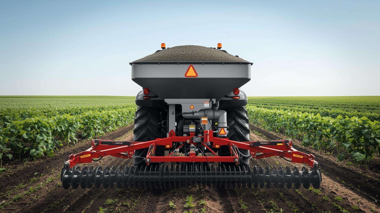 Illustration of a 3 point fertilizer spreader on a tractor, highlighting hopper and spinning disc for precise fertilizer application.