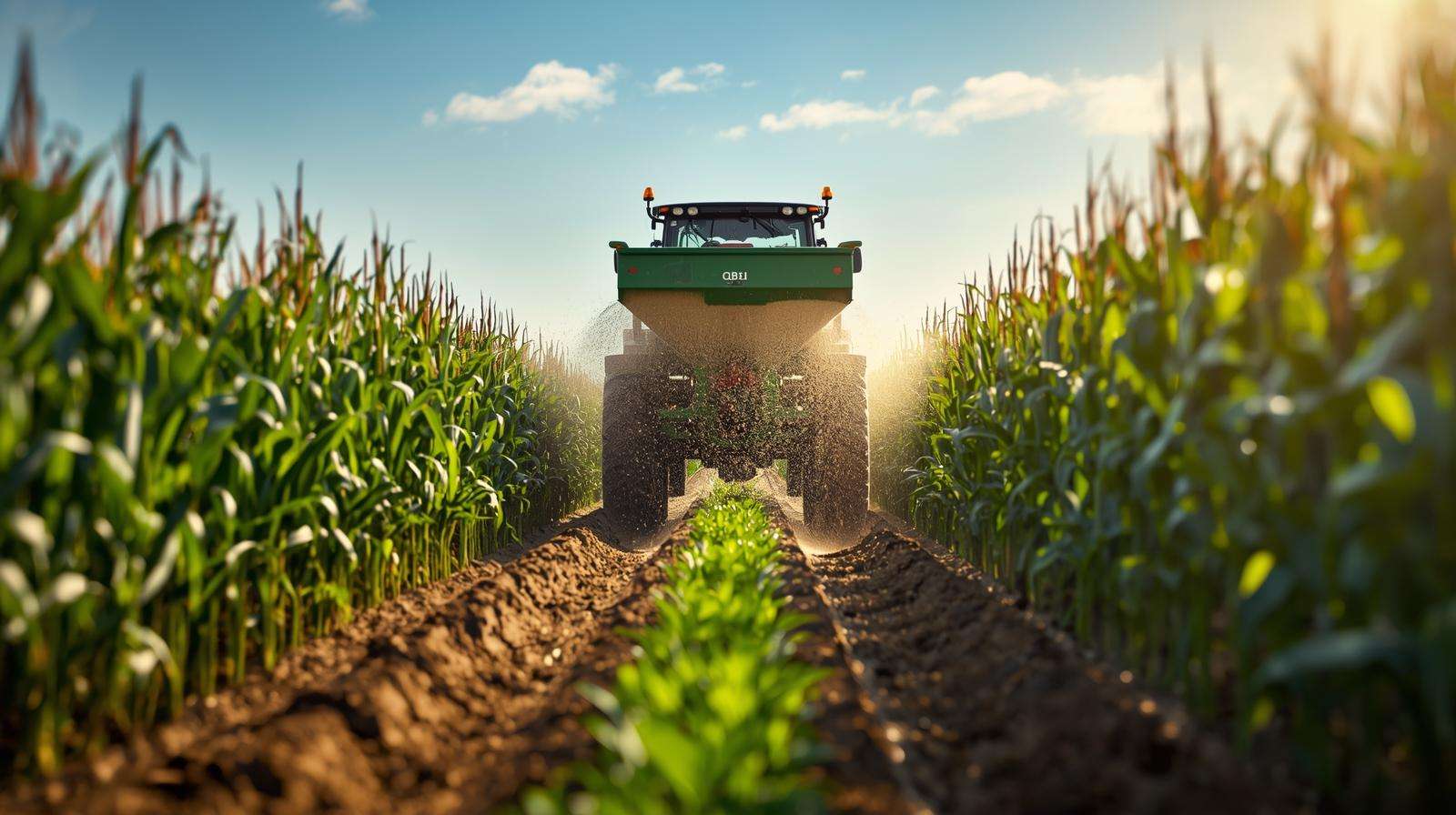Tractor with 3 point fertilizer spreader applying nutrients to a corn field, demonstrating precision fertilizing for crop growth.