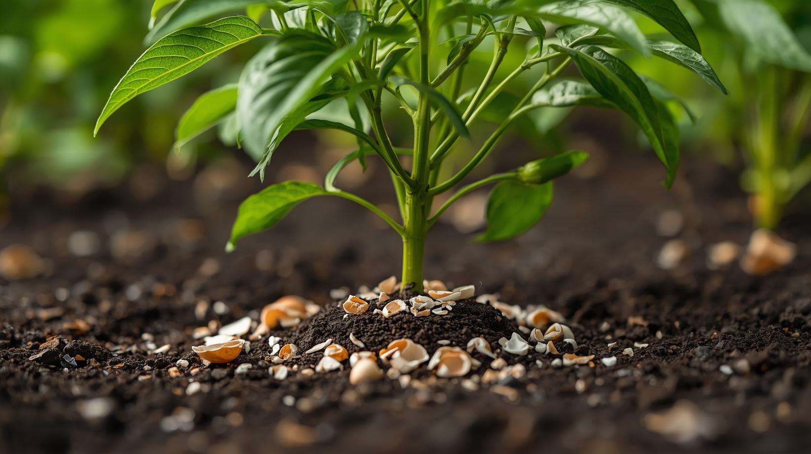 Crushed eggshells applied as organic plant food to boost calcium for pepper plants.