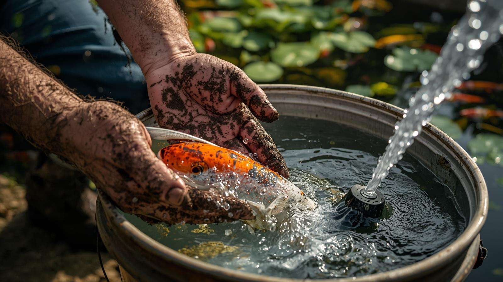 Koi fish being revived in oxygenated water, demonstrating tips for how long do fish live out of water.