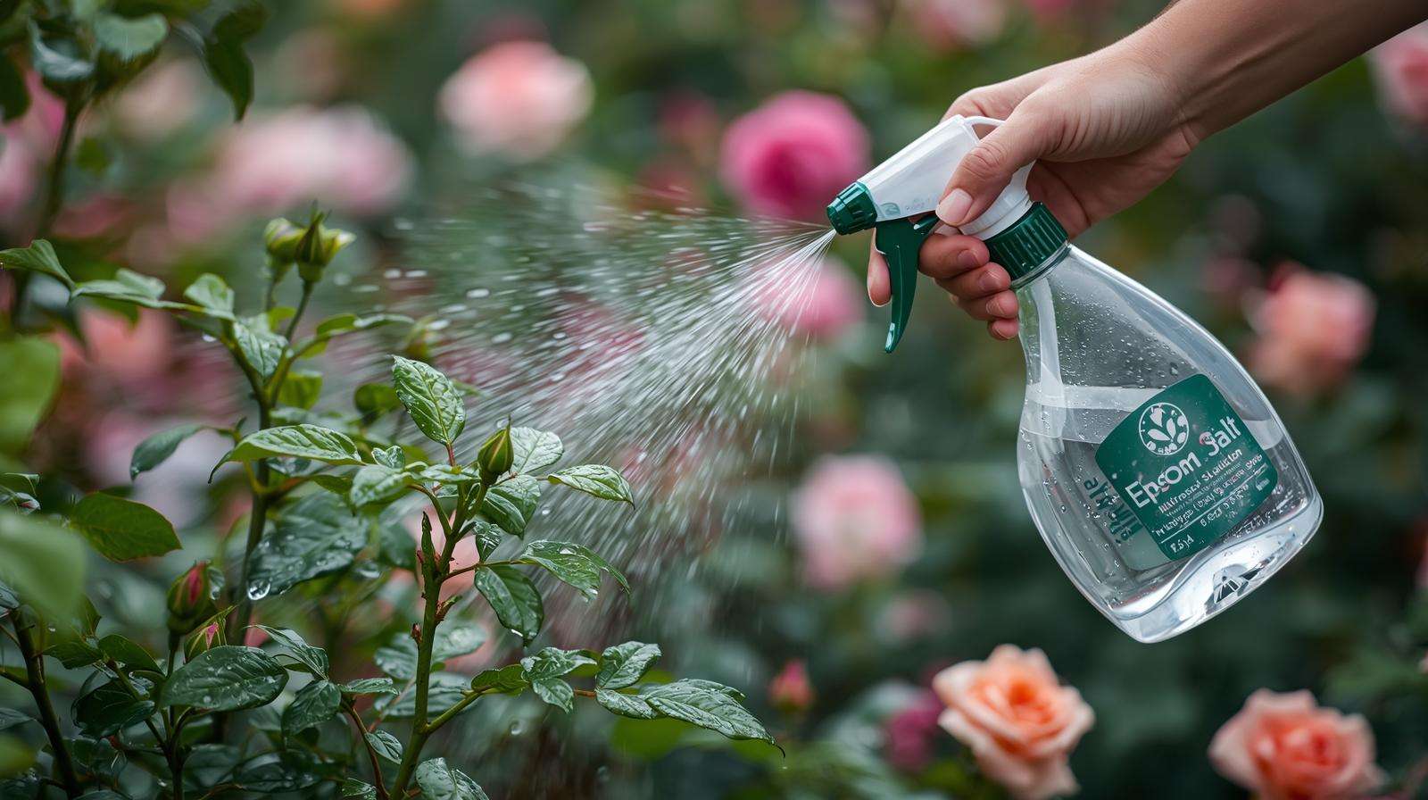 Epsom salt spray applied as organic plant food to enhance magnesium in rose plants.