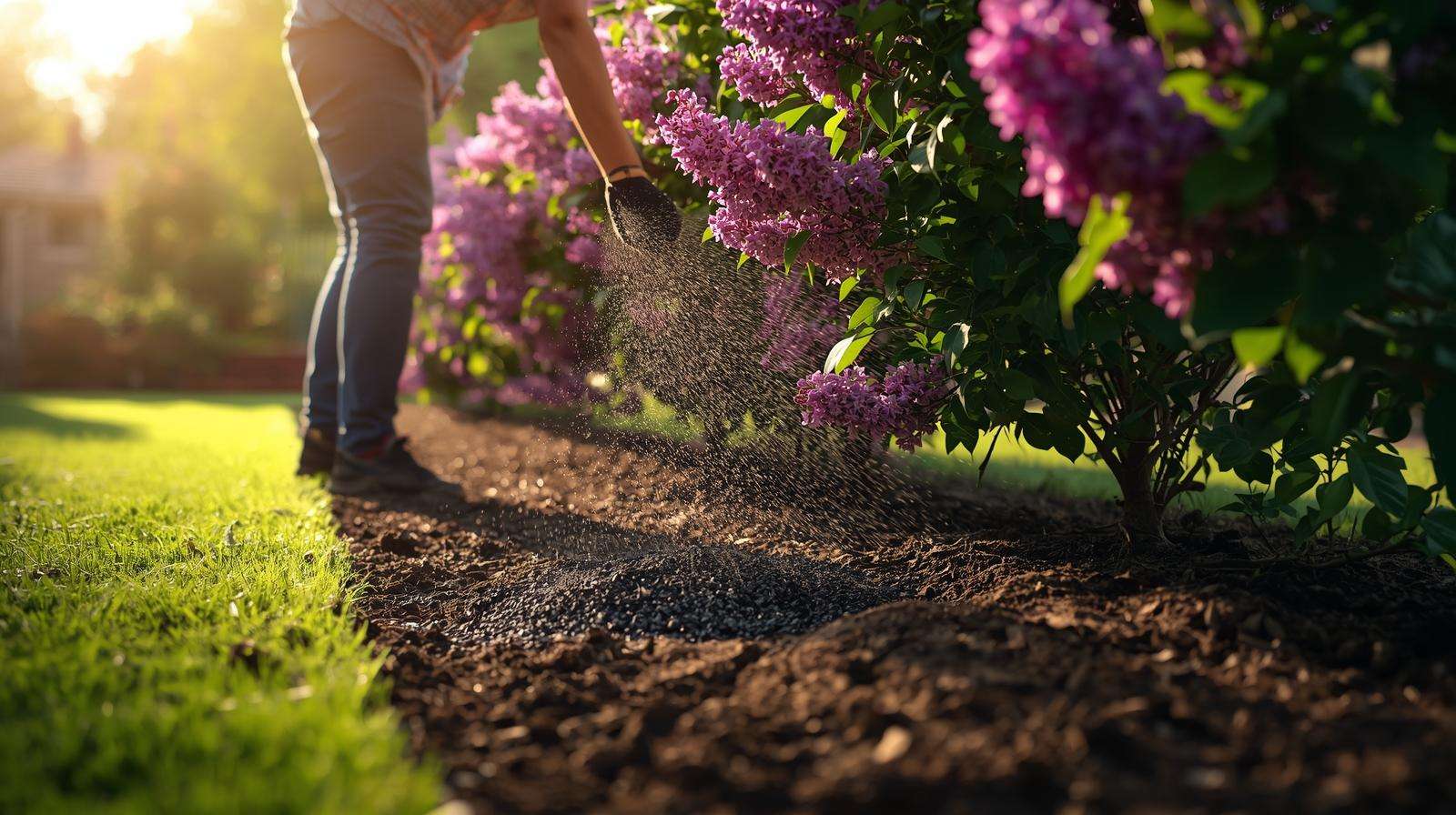 Wood ash used as organic plant food to boost potassium for lilac plants in a garden.