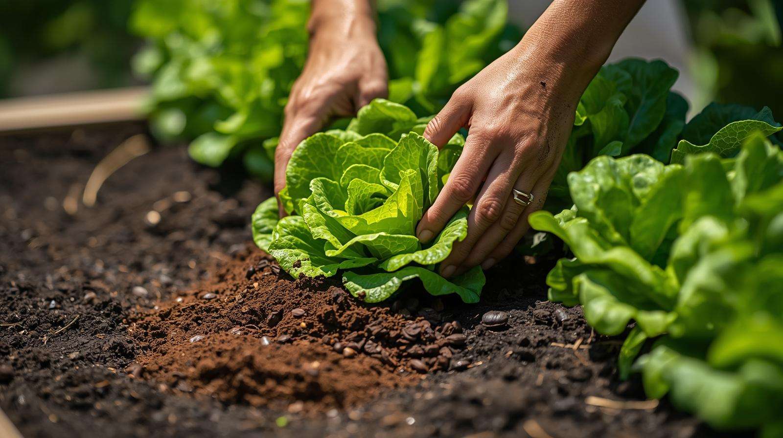 Coffee grounds used as organic plant food for nitrogen-rich lettuce in a garden bed.