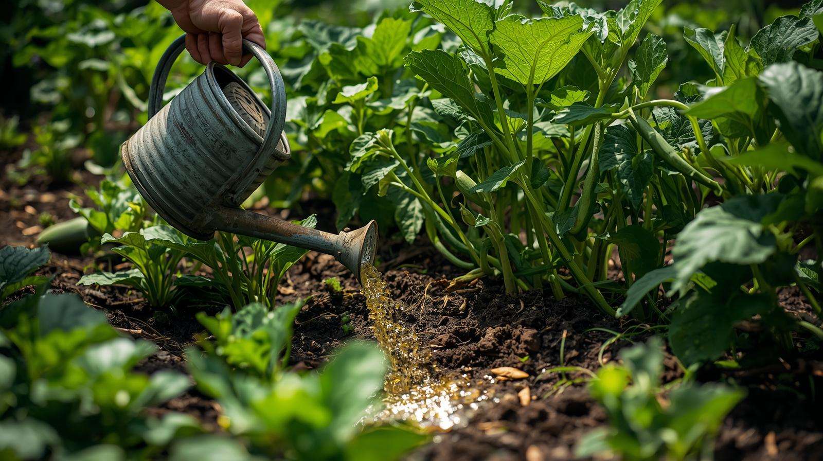 Fish emulsion applied as organic plant food to nourish vegetable plants in a garden.