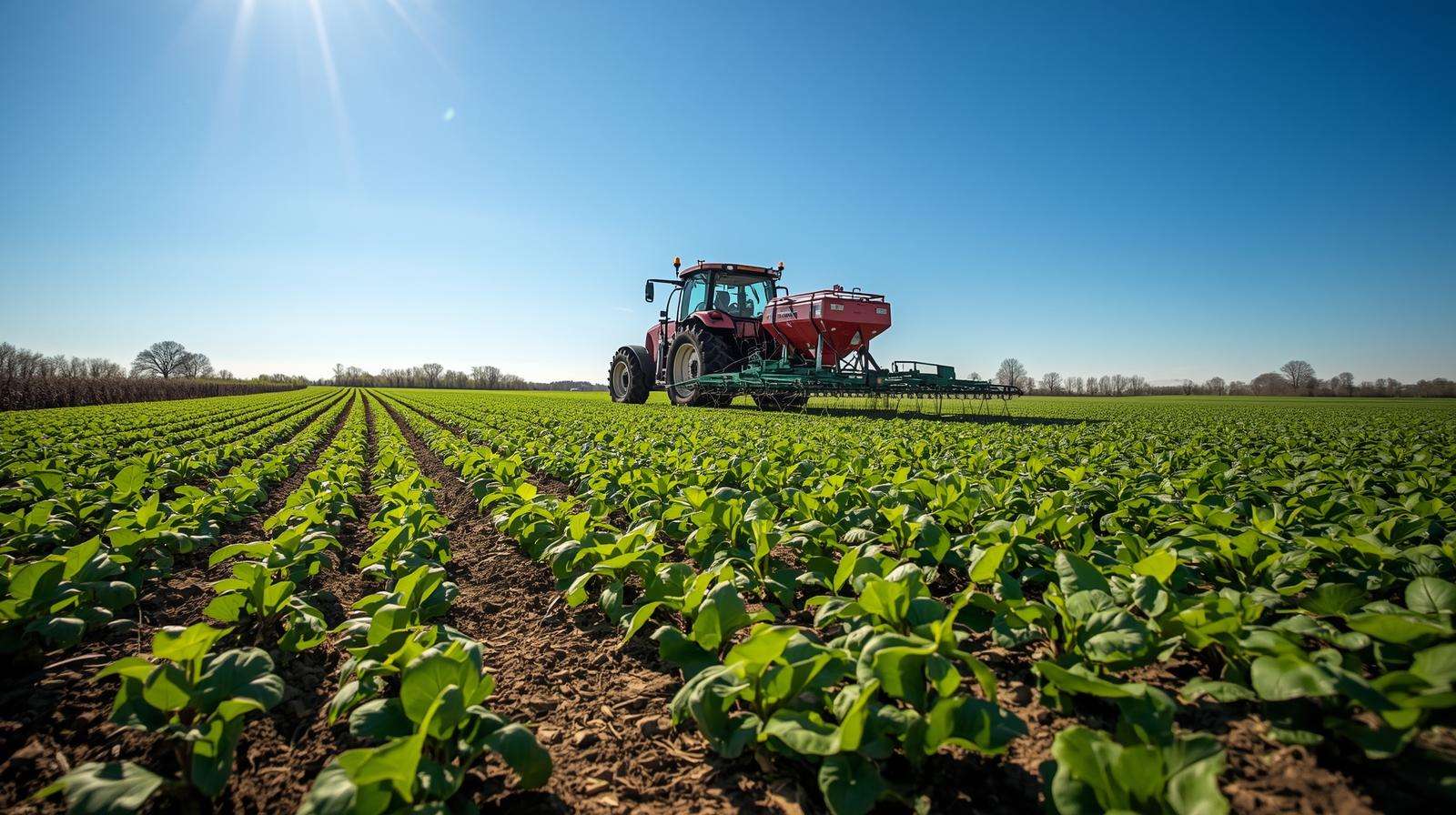 Tractor applying pre emergent fertilizer in a soybean field during spring