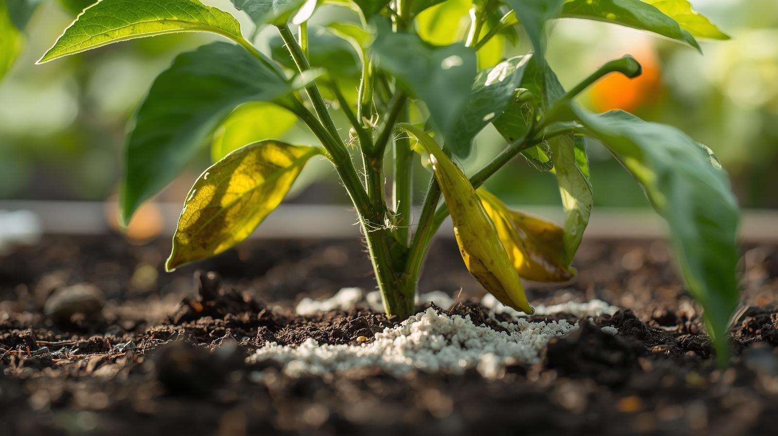 Pepper plant with yellow leaves from overusing 16-16-16 fertilizer in a garden.