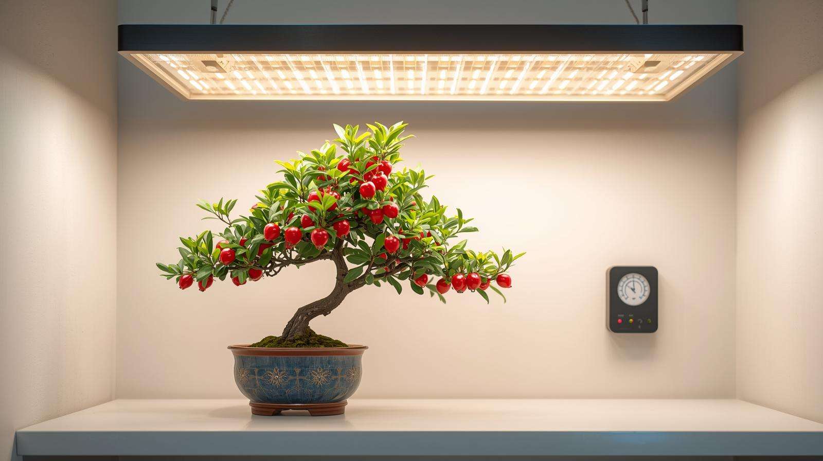 Pomegranate bonsai fruit tree under LED grow light with fan and hygrometer in an indoor gardening setup.