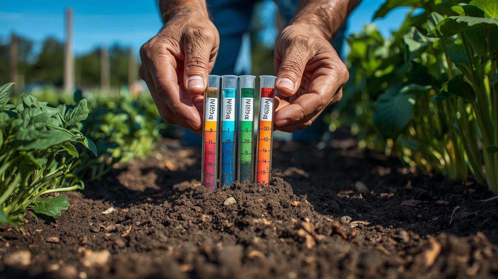 Gardener testing soil with a kit to determine organic plant food needs in a vibrant garden.