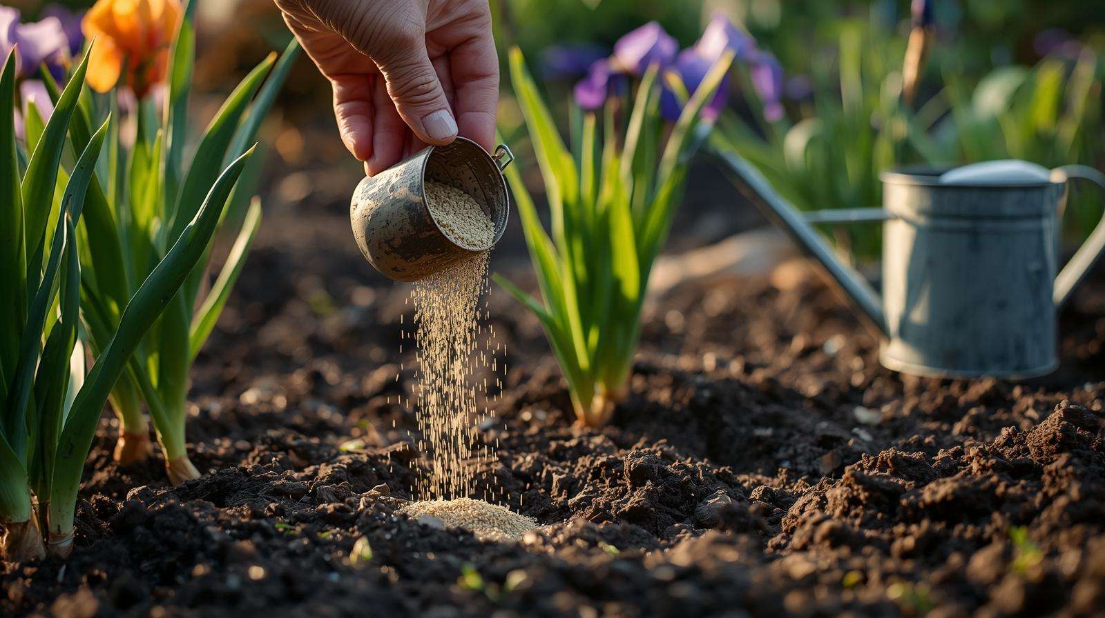 Gardener applying granular iris fertilizer around iris plants in a garden for vibrant blooms.