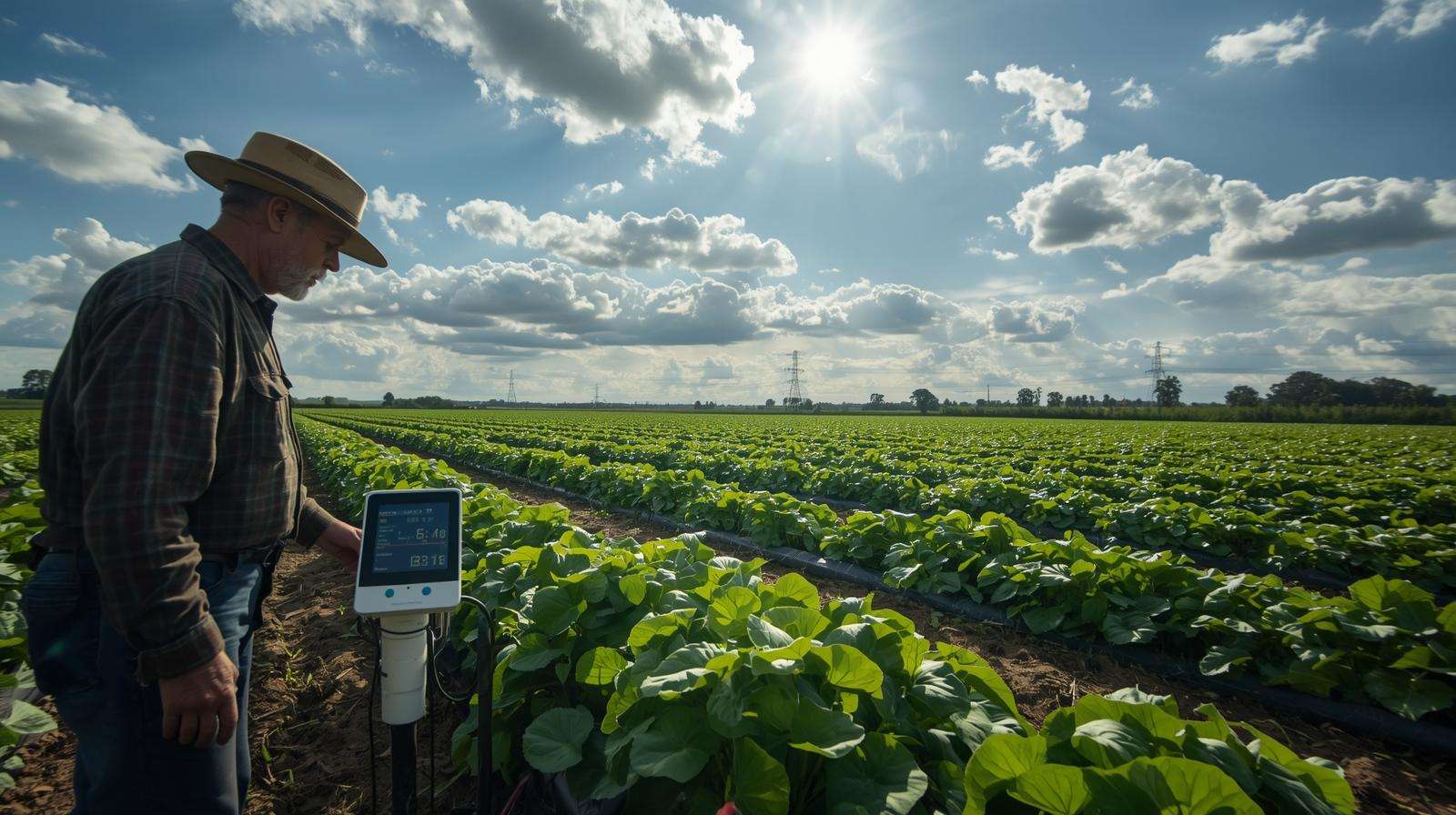 Farmer using weather station in potato field to optimize potato fertilizer timing.