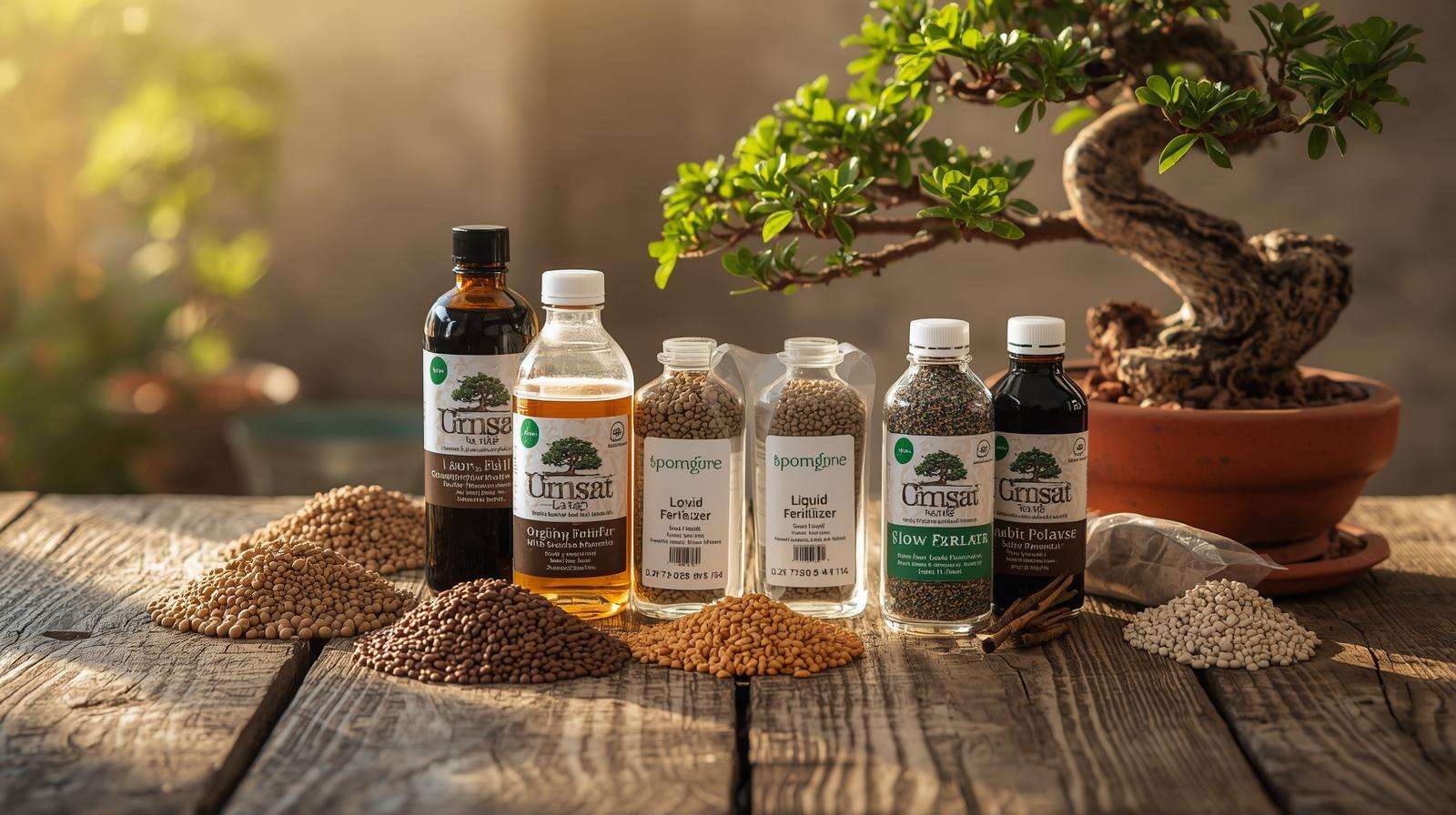 Assortment of bonsai fertilizers, including pellets and liquid bottles, arranged on a wooden surface with a bonsai tree in the background.