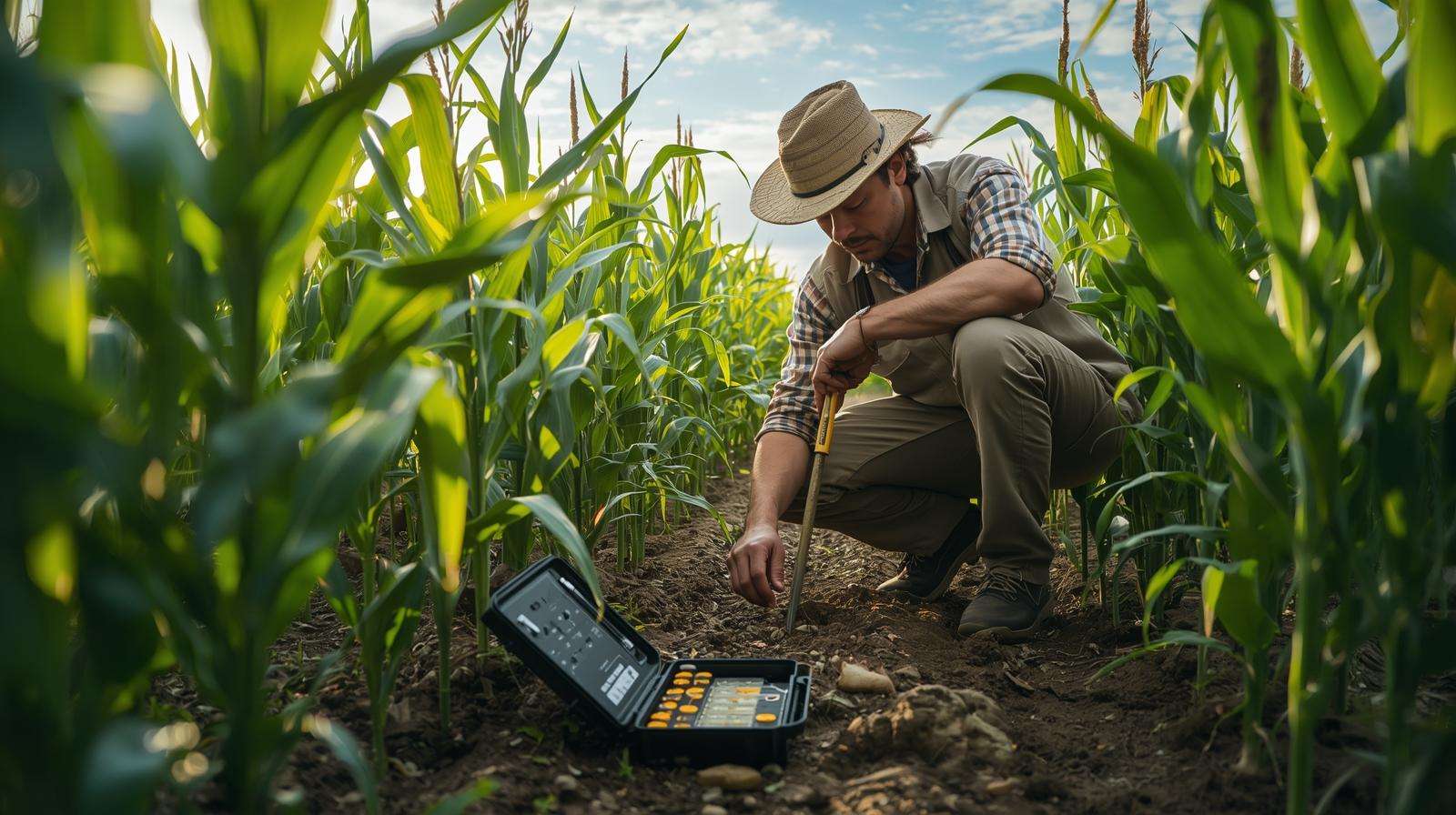 Farmer collecting soil samples with probe for pre emergent fertilizer in a corn field