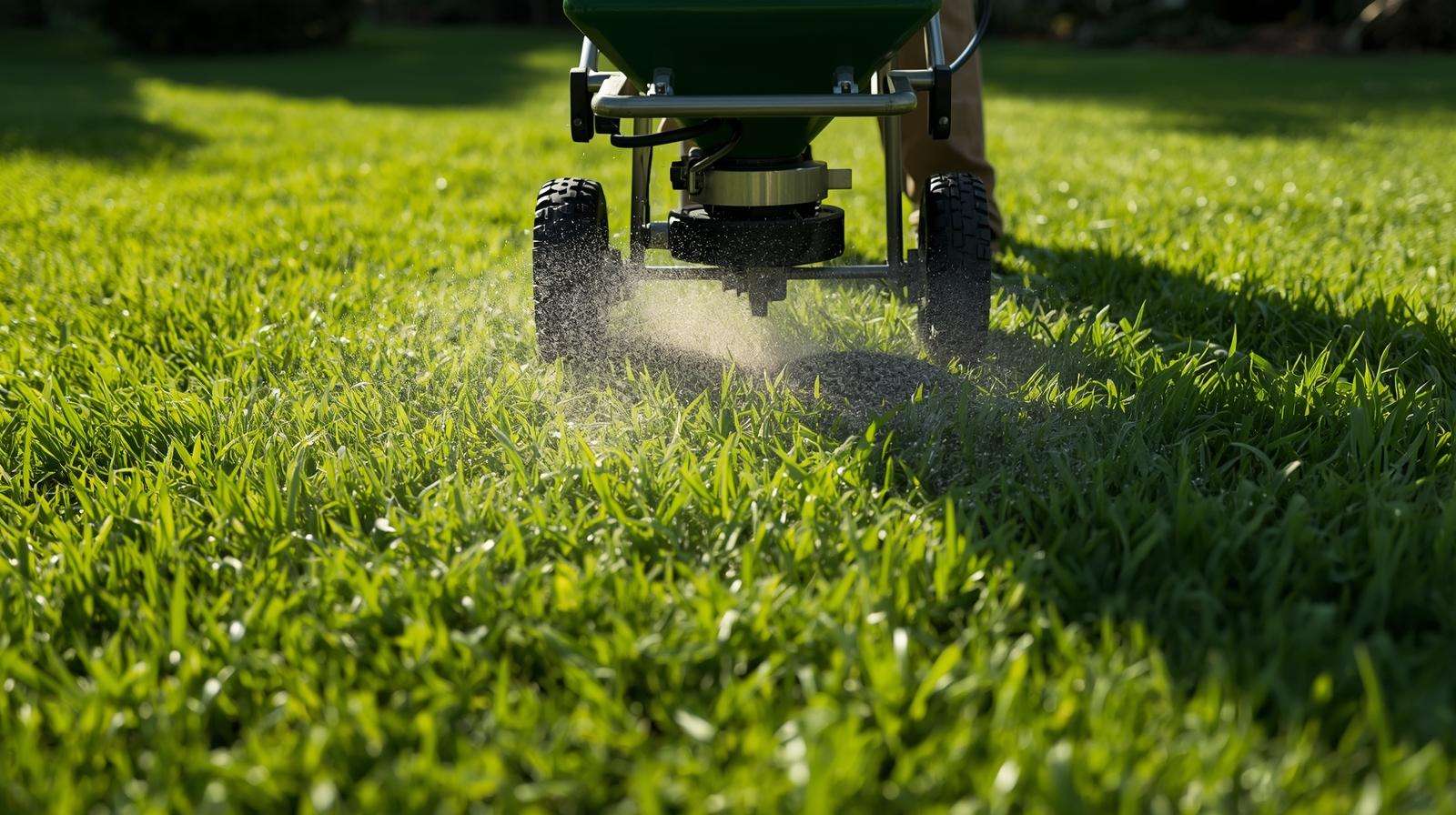 Gardener spreading granular 16-16-16 fertilizer on a lawn for healthy growth.