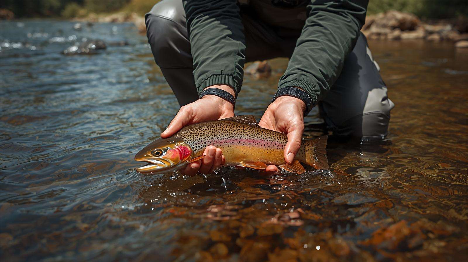 Angler releasing trout in water, minimizing air exposure for how long do fish live out of water.