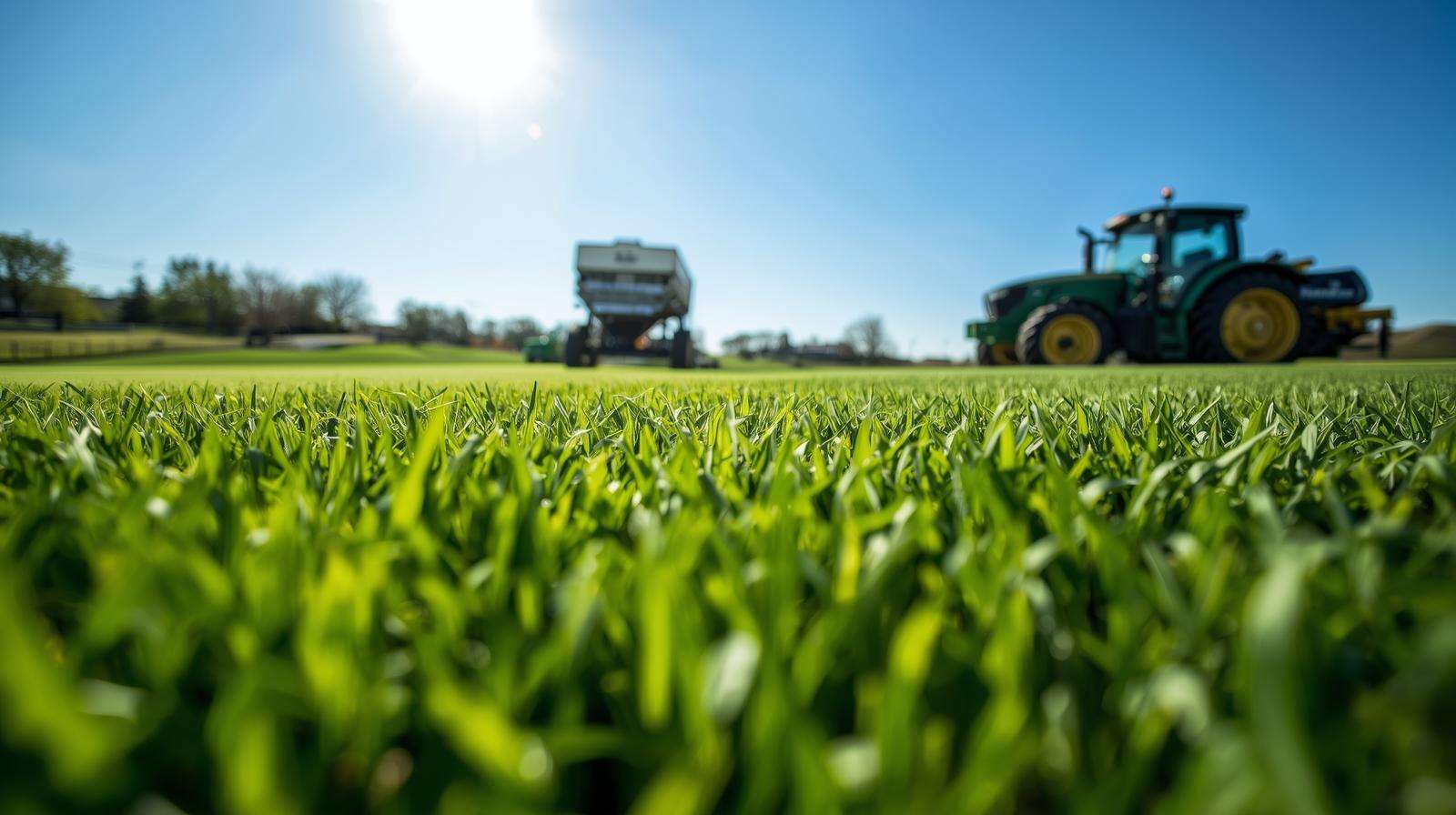 Lush golf course fairway fertilized with a 3 point fertilizer spreader, showcasing vibrant turf health and uniformity.